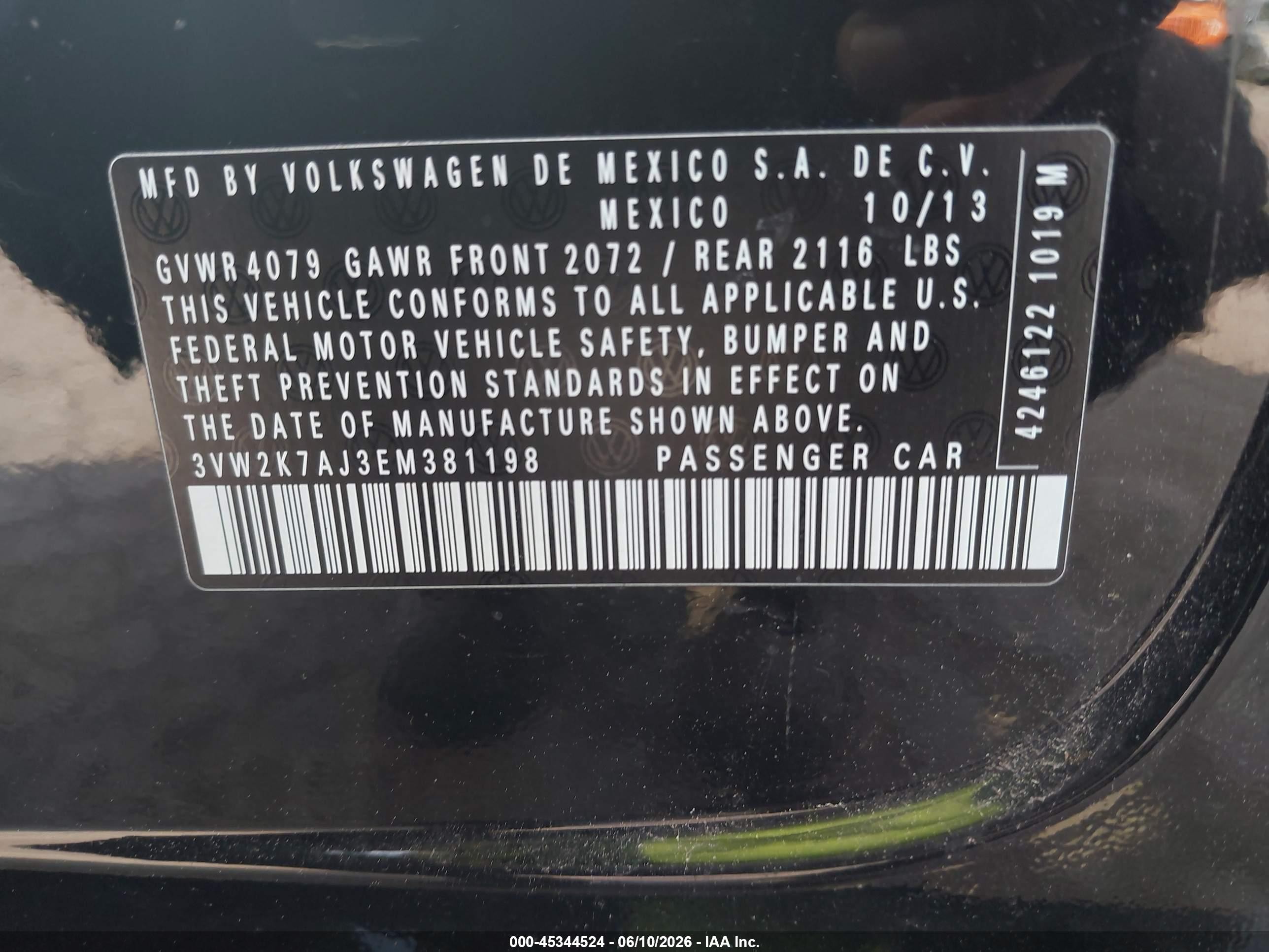 2014 Volkswagen Jetta 2.0l S Black vin: 3VW2K7AJ3EM381198