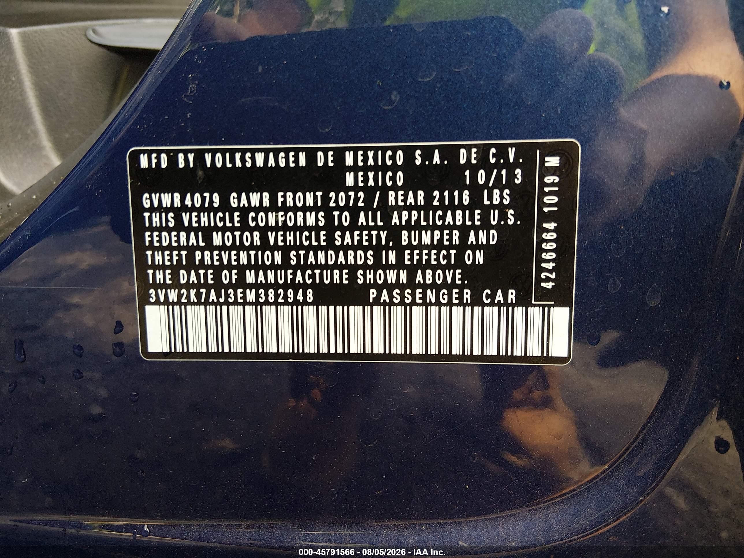 2014 Volkswagen Jetta 2.0l S Синий vin: 3VW2K7AJ3EM382948