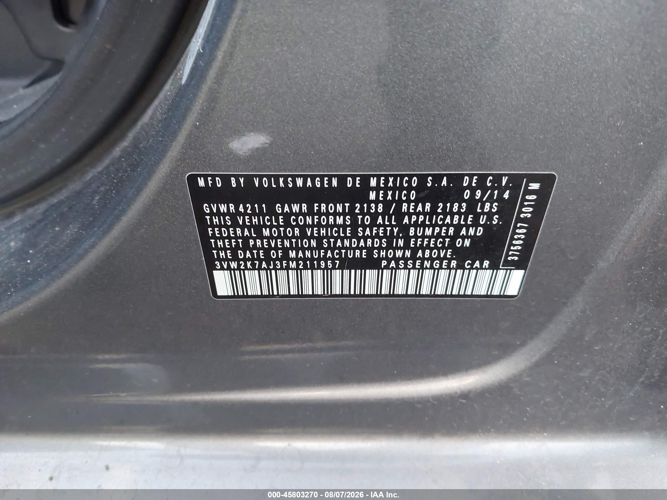 2015 Volkswagen Jetta 2.0l S Gray vin: 3VW2K7AJ3FM211957