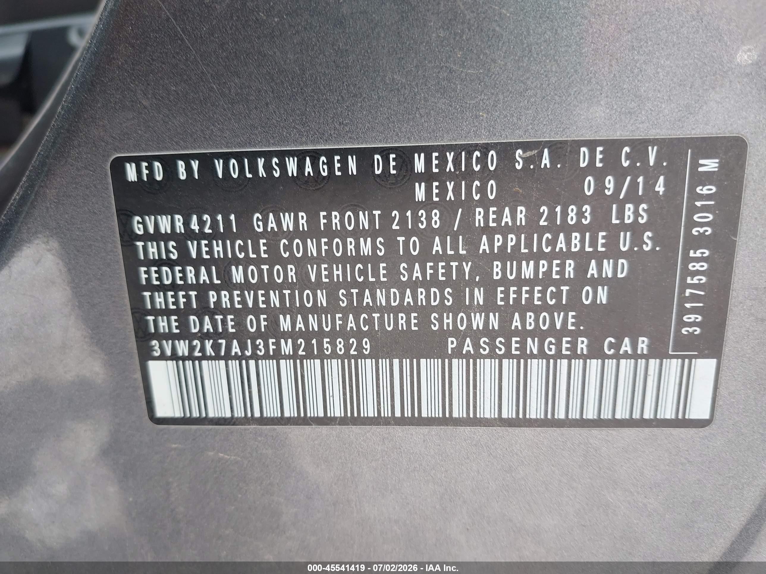2015 Volkswagen Jetta 2.0l S Серый vin: 3VW2K7AJ3FM215829