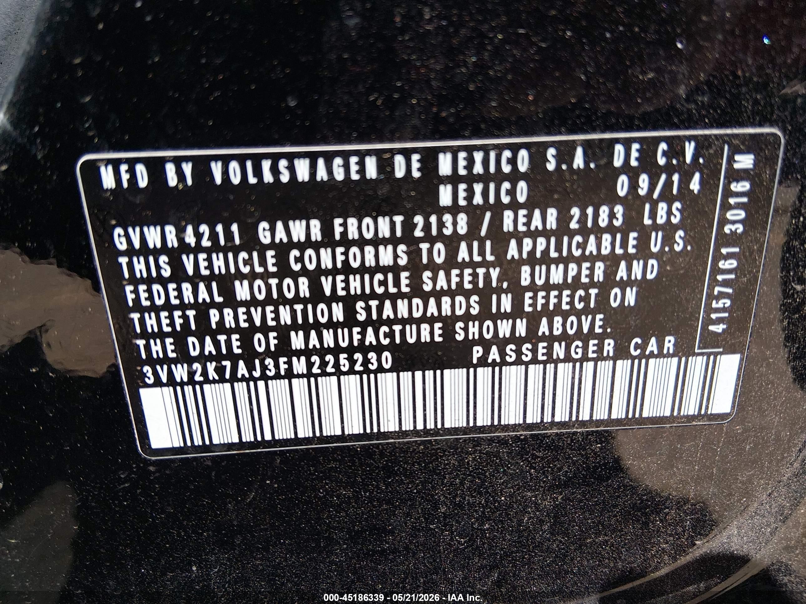 2015 Volkswagen Jetta 2.0l S Black vin: 3VW2K7AJ3FM225230