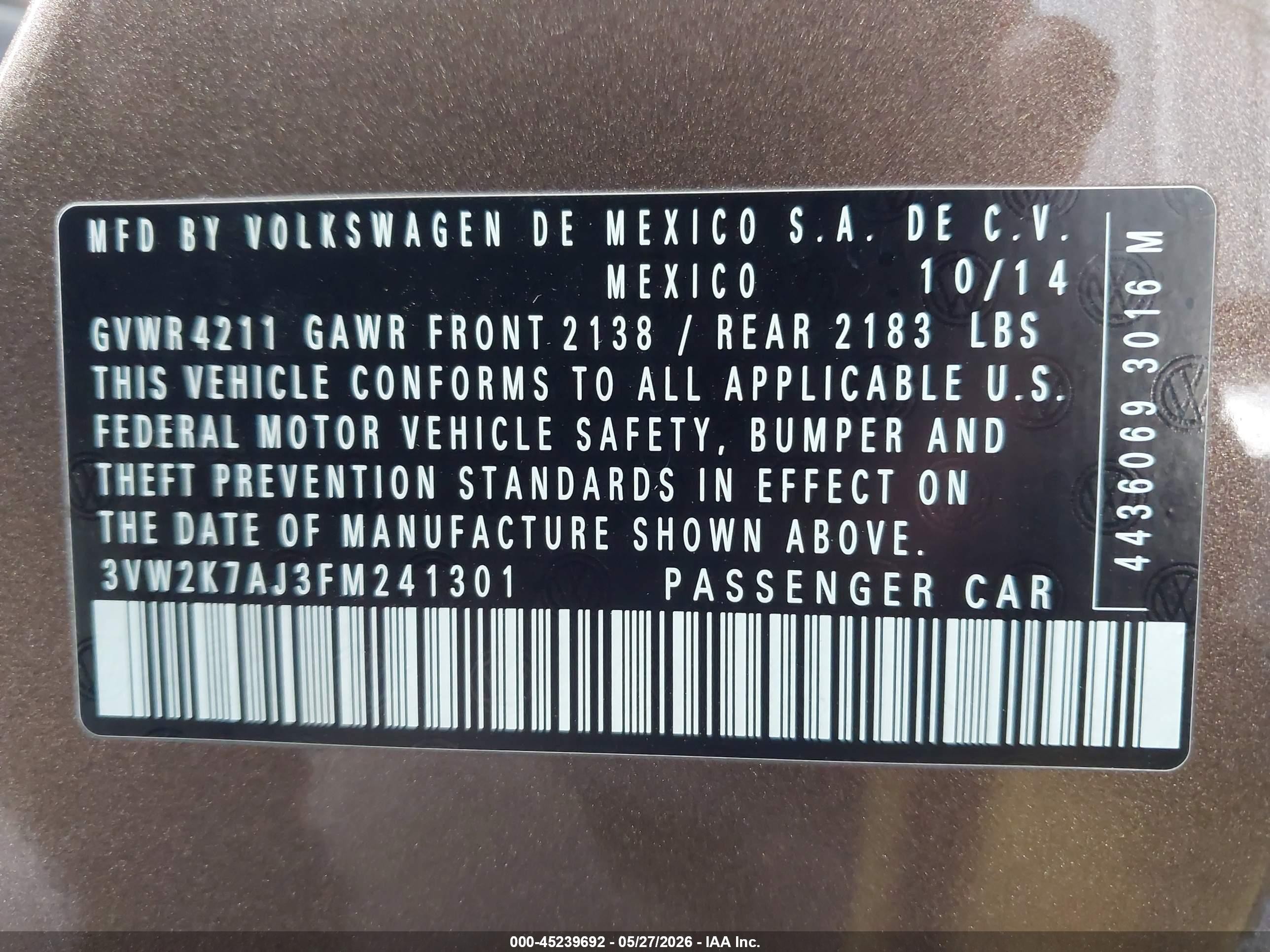 2015 Volkswagen Jetta 2.0l S Dark Brown vin: 3VW2K7AJ3FM241301
