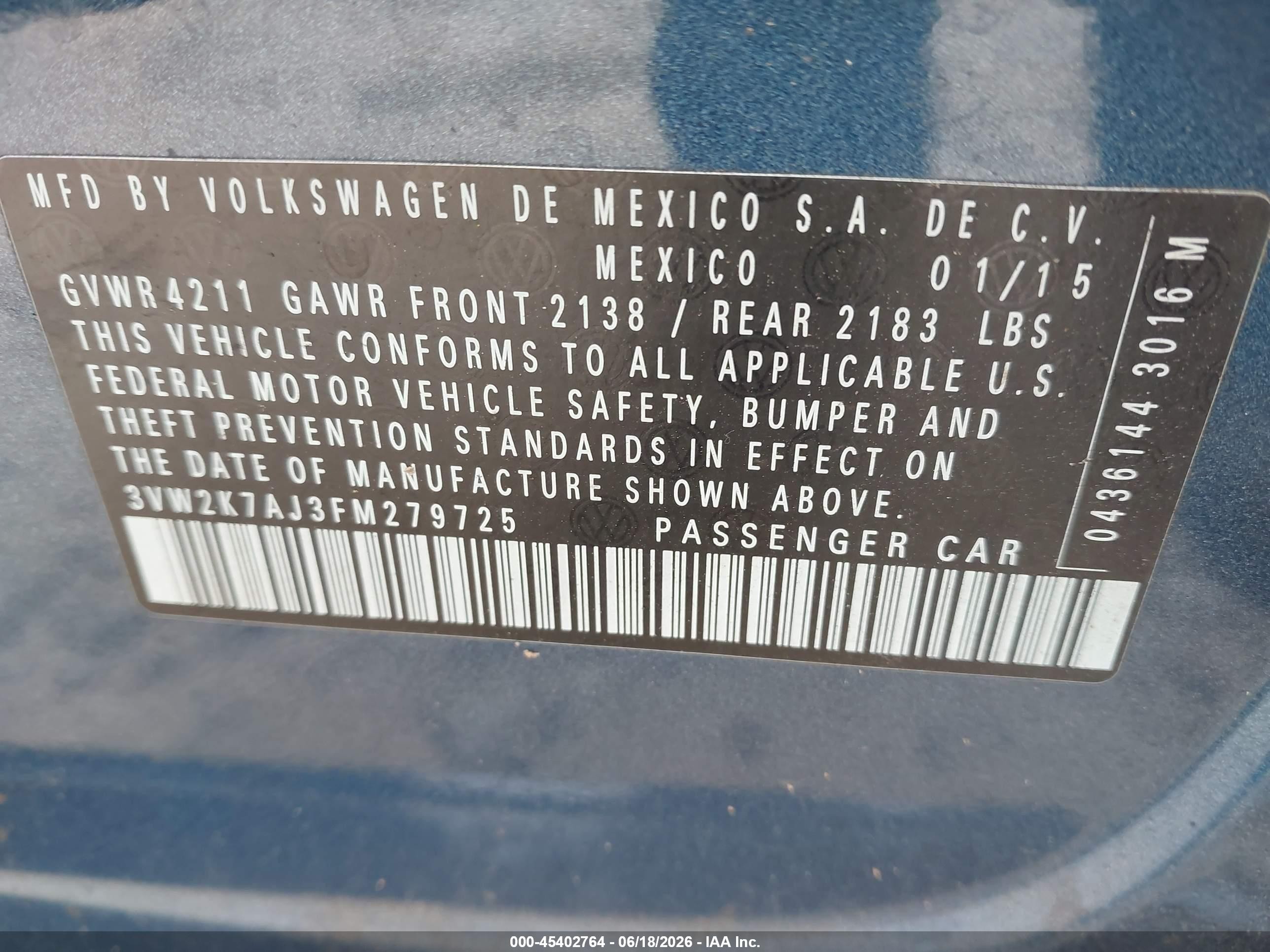 2015 Volkswagen Jetta 2.0l S Синий vin: 3VW2K7AJ3FM279725