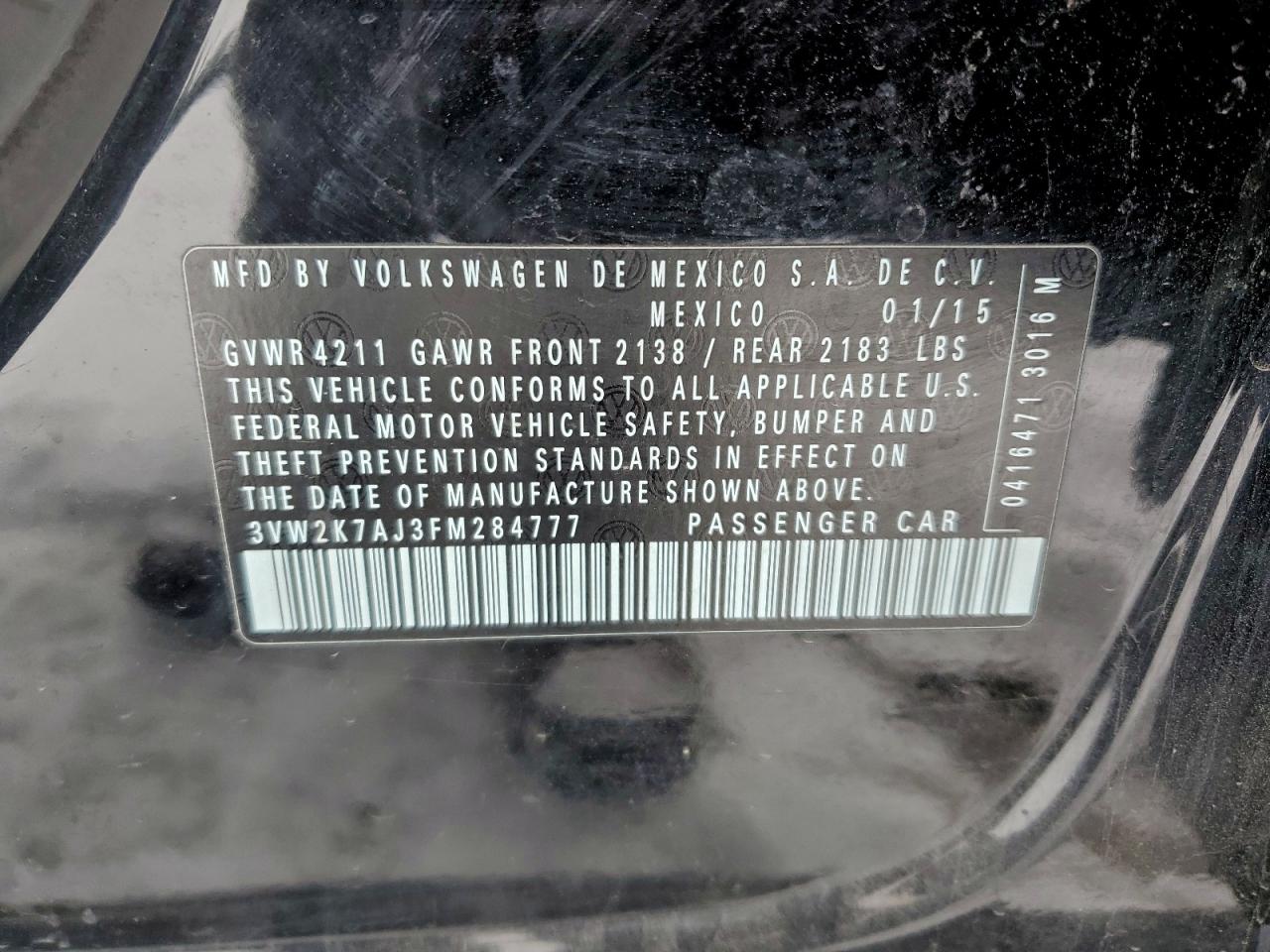 2015 Volkswagen Jetta Base Black vin: 3VW2K7AJ3FM284777