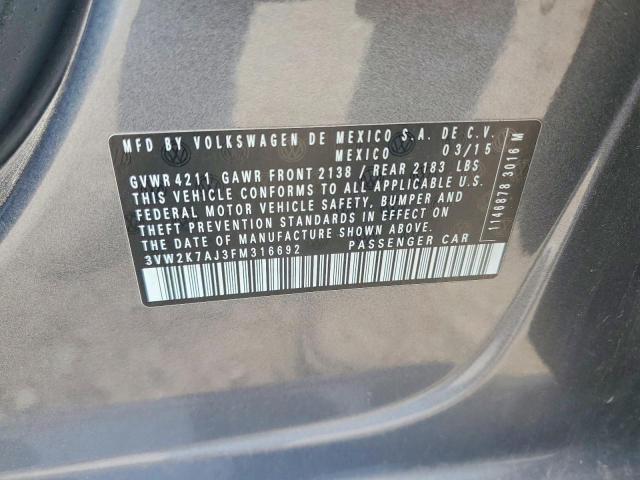 2015 Volkswagen Jetta Base Gray vin: 3VW2K7AJ3FM316692
