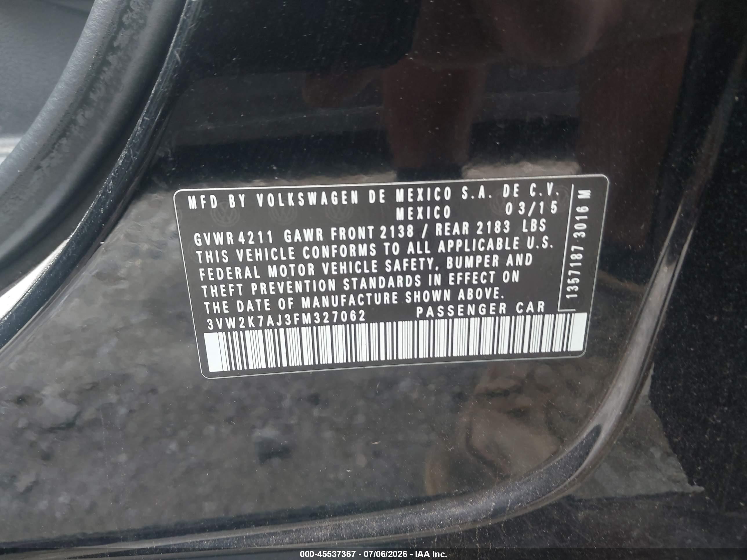 2015 Volkswagen Jetta 2.0l S Black vin: 3VW2K7AJ3FM327062