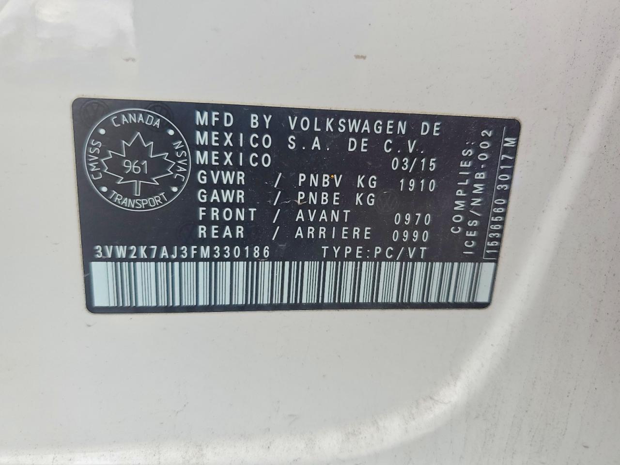 2015 Volkswagen Jetta Base White vin: 3VW2K7AJ3FM330186