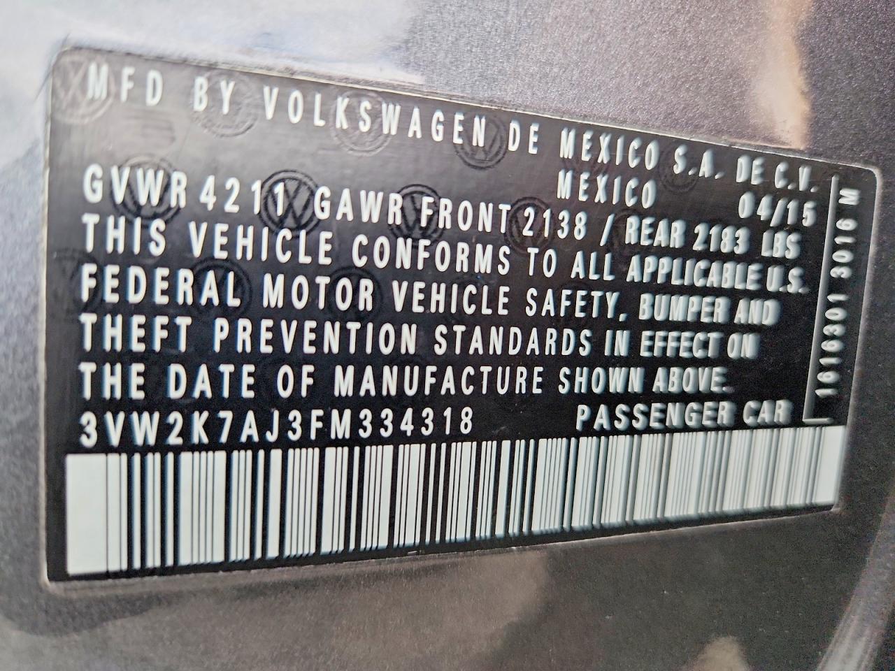 2015 Volkswagen Jetta Base Gray vin: 3VW2K7AJ3FM334318
