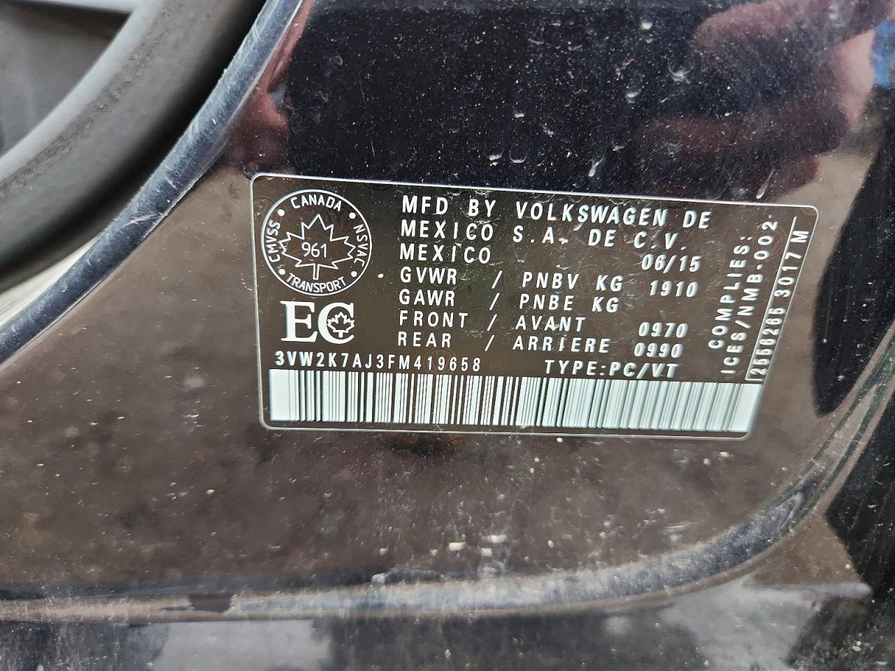 2015 Volkswagen Jetta Base Black vin: 3VW2K7AJ3FM419658