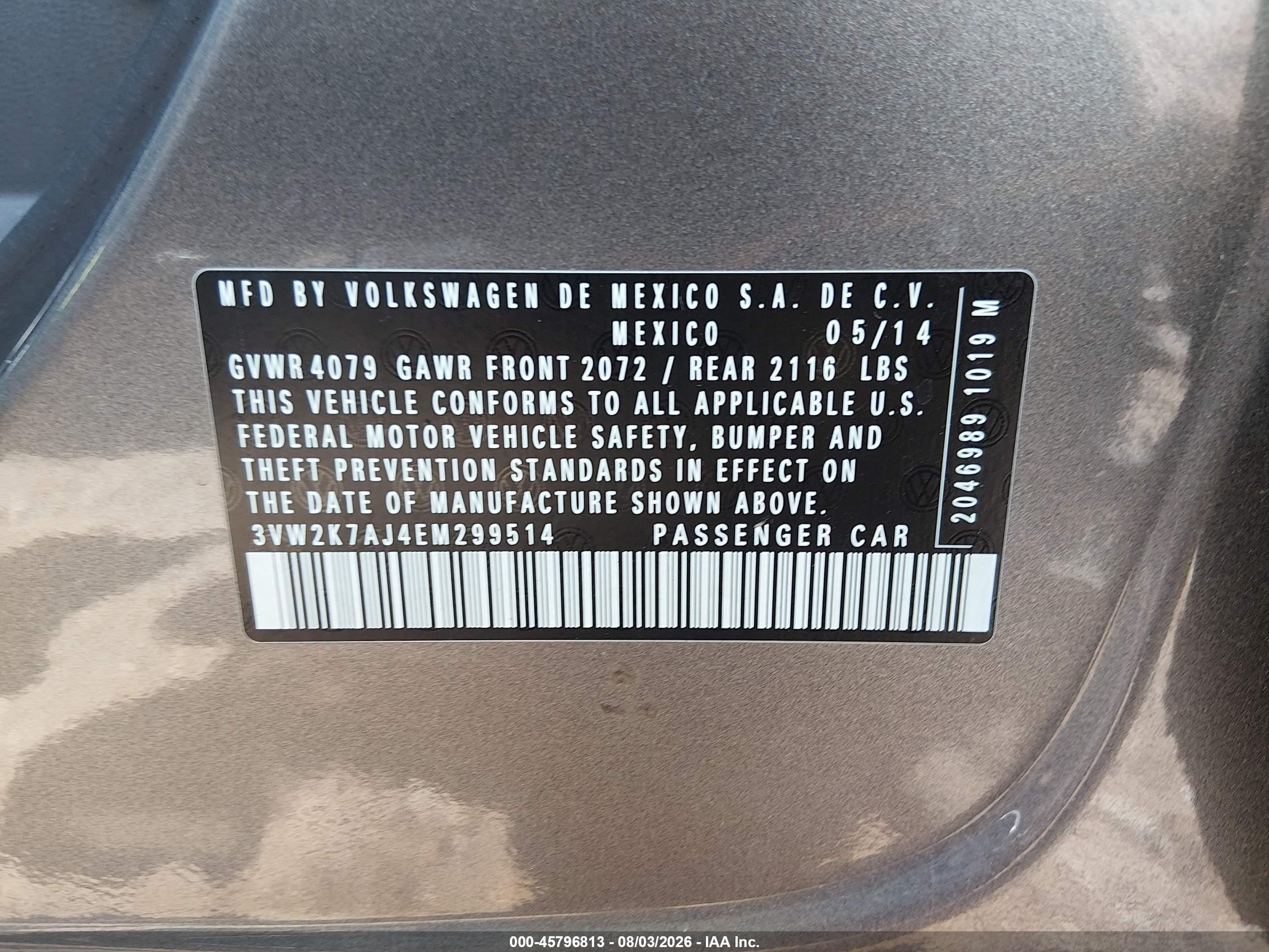 2014 Volkswagen Jetta 2.0l S Gray vin: 3VW2K7AJ4EM299514