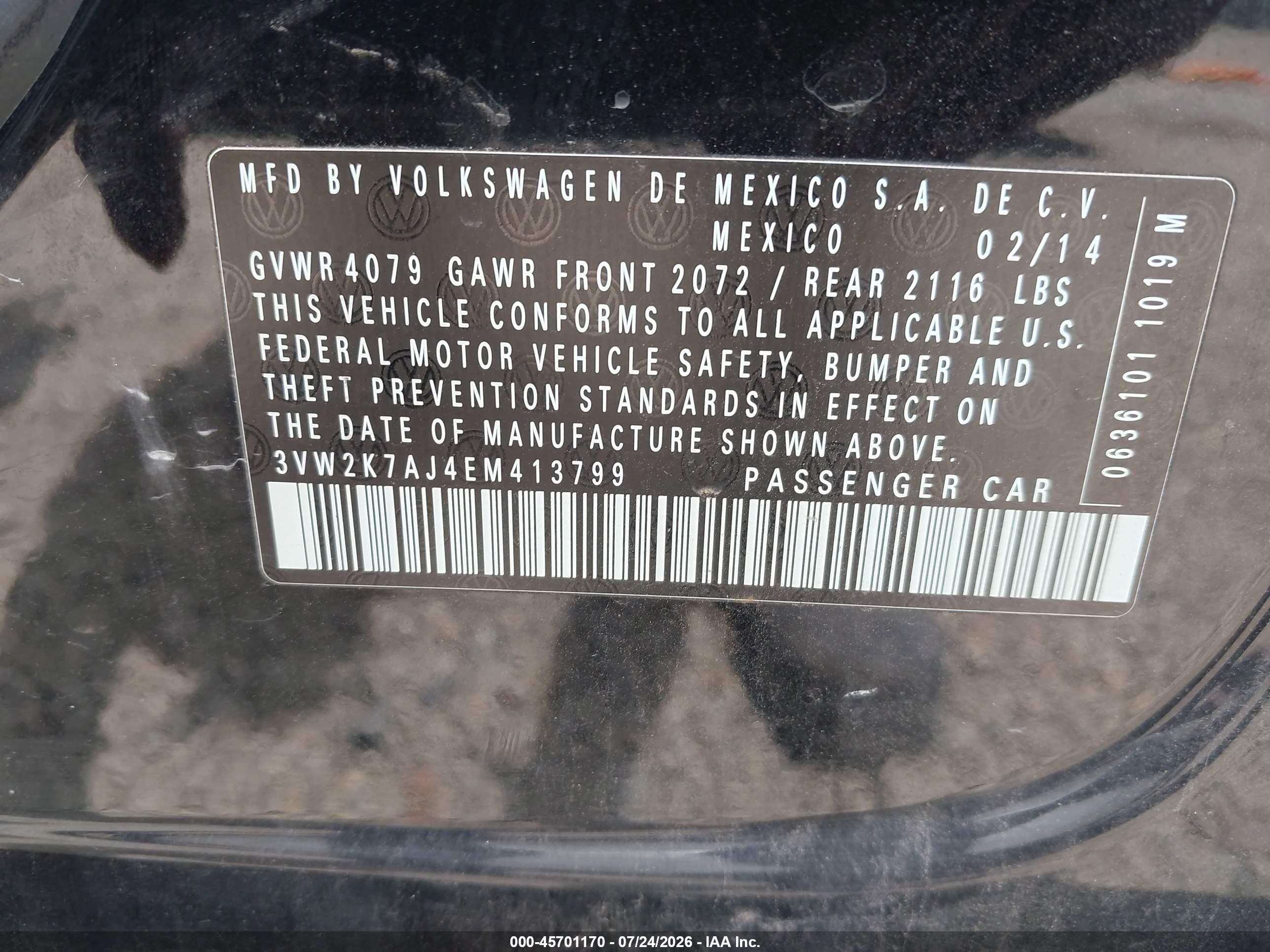 2014 Volkswagen Jetta 2.0l S Black vin: 3VW2K7AJ4EM413799