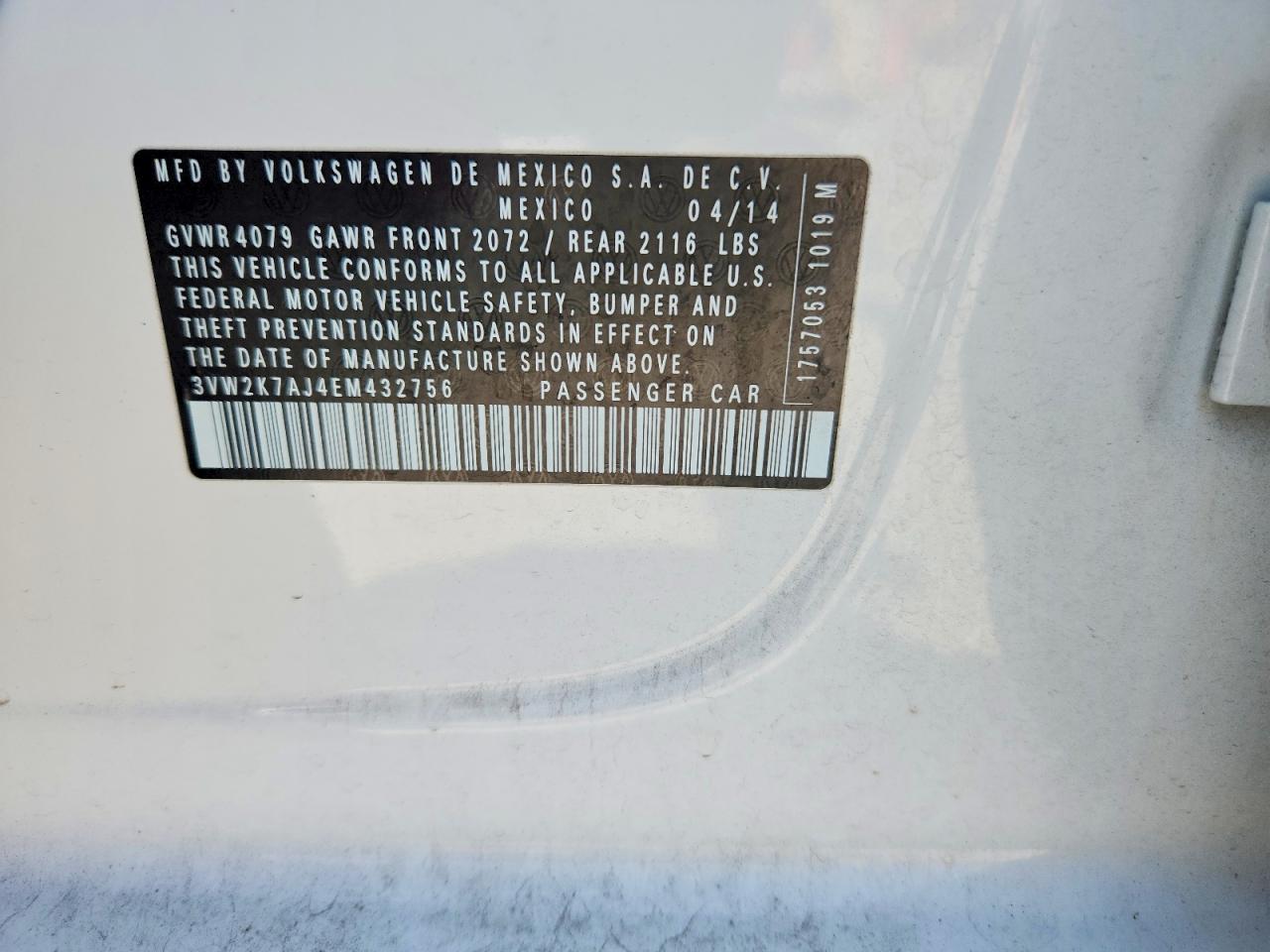 2014 Volkswagen Jetta Base White vin: 3VW2K7AJ4EM432756