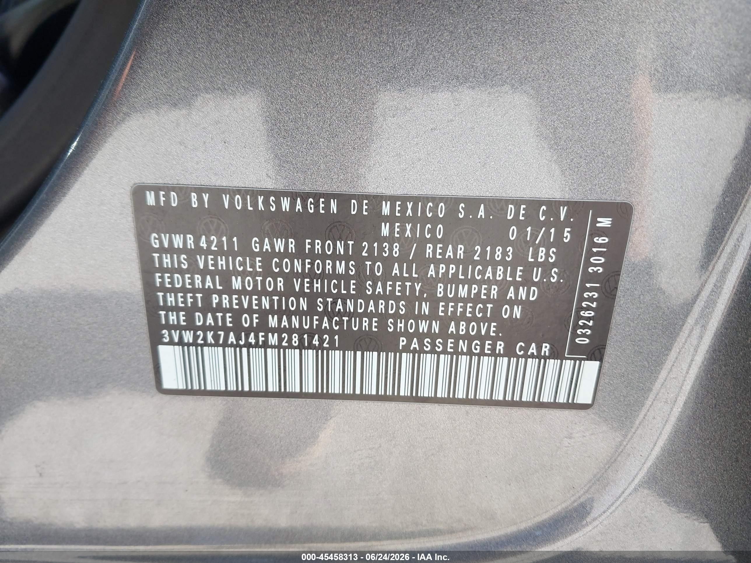 2015 Volkswagen Jetta 2.0l S Gray vin: 3VW2K7AJ4FM281421