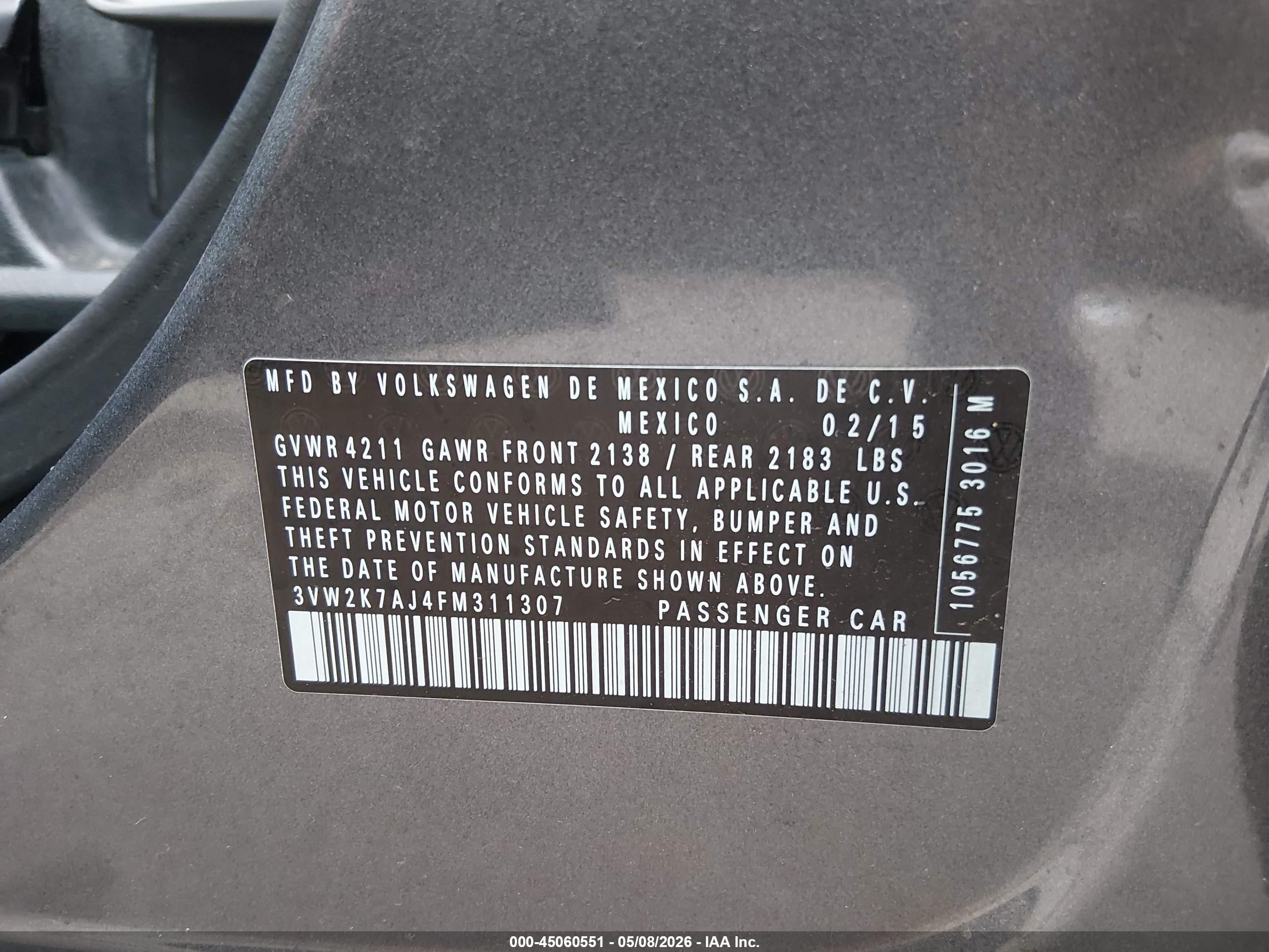 2015 Volkswagen Jetta 2.0l S Gray vin: 3VW2K7AJ4FM311307