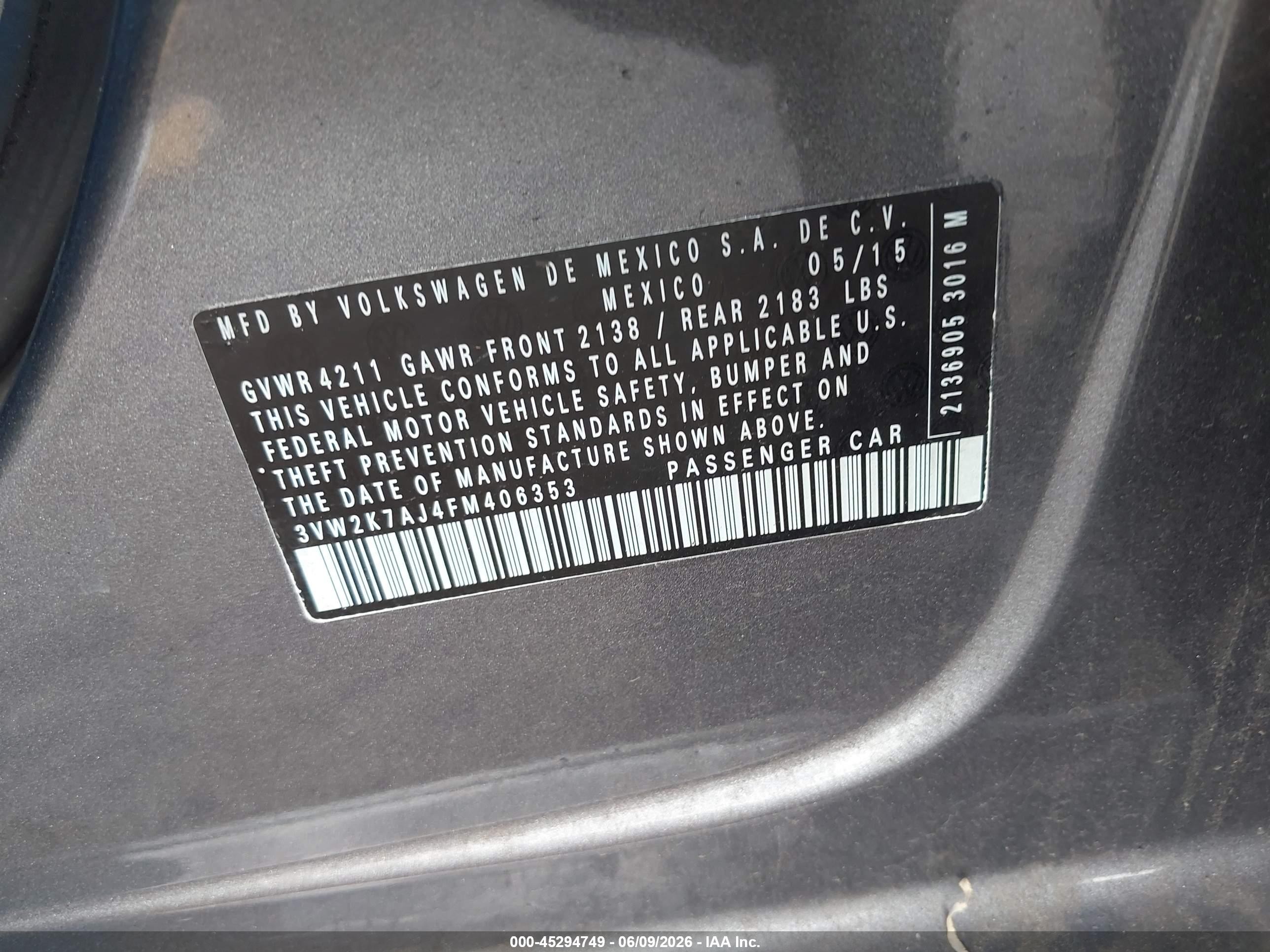 2015 Volkswagen Jetta 2.0l S Серый vin: 3VW2K7AJ4FM406353
