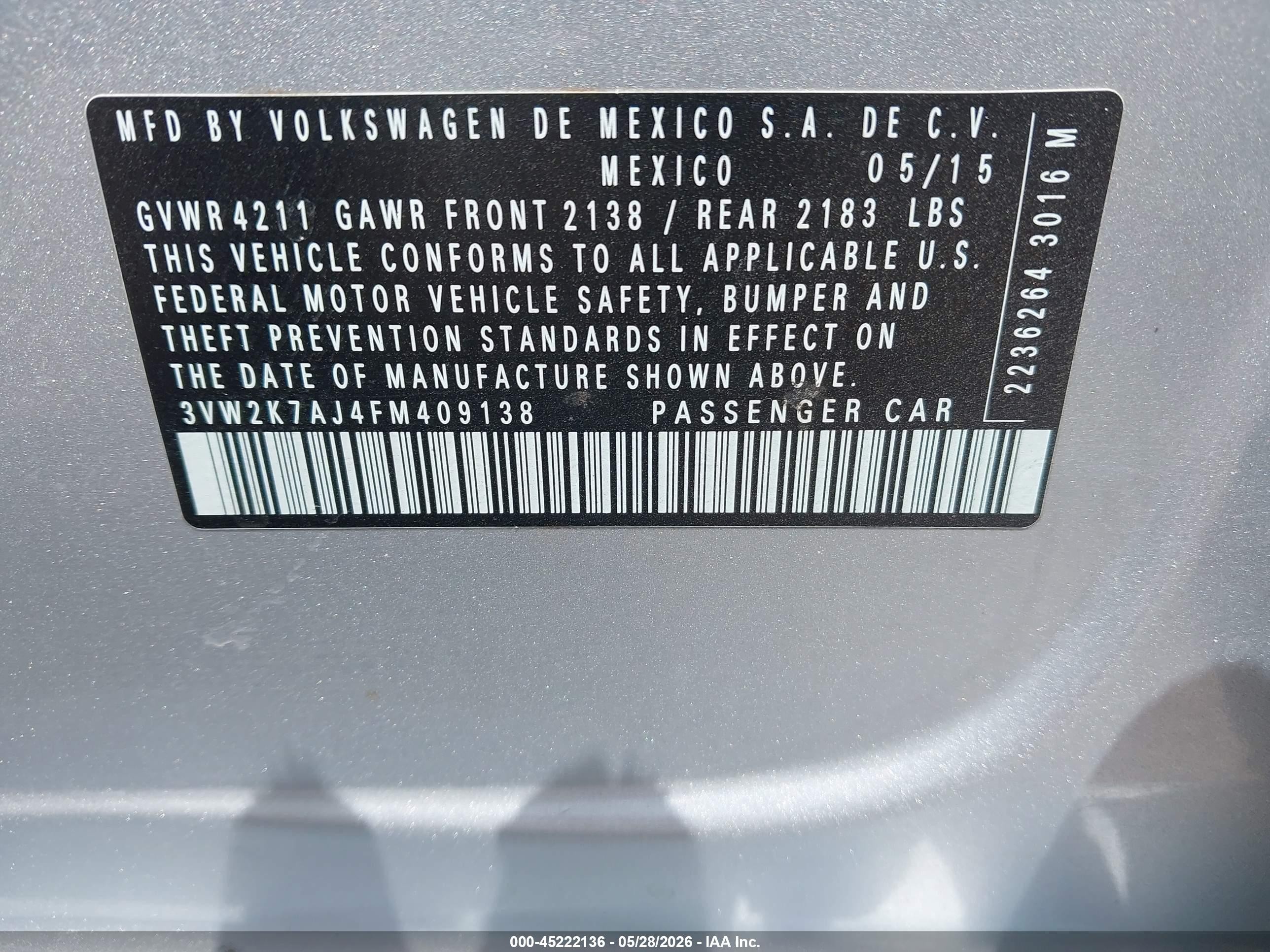 2015 Volkswagen Jetta 2.0l S Silver vin: 3VW2K7AJ4FM409138