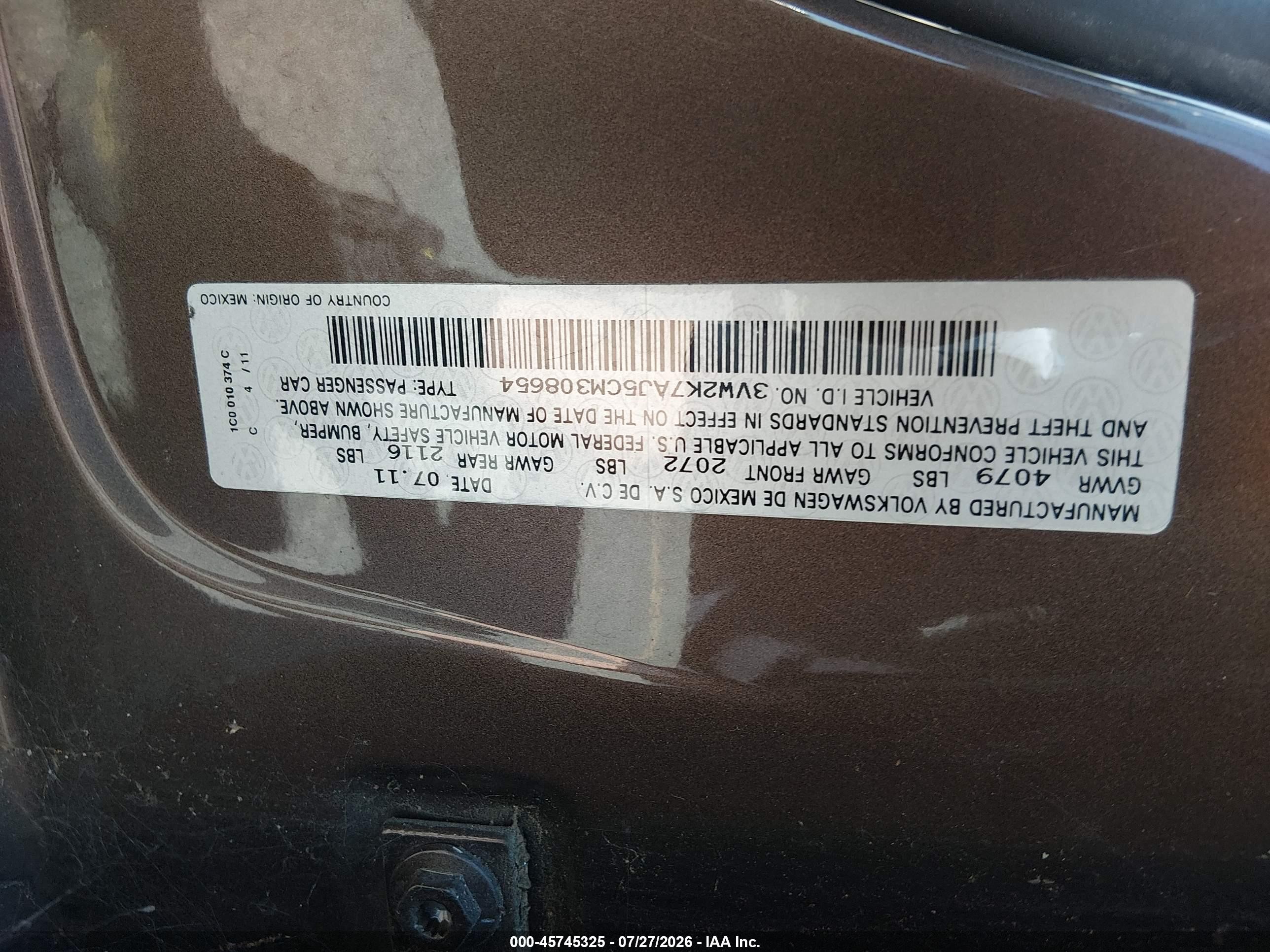 2012 Volkswagen Jetta 2.0l S Brown vin: 3VW2K7AJ5CM308654