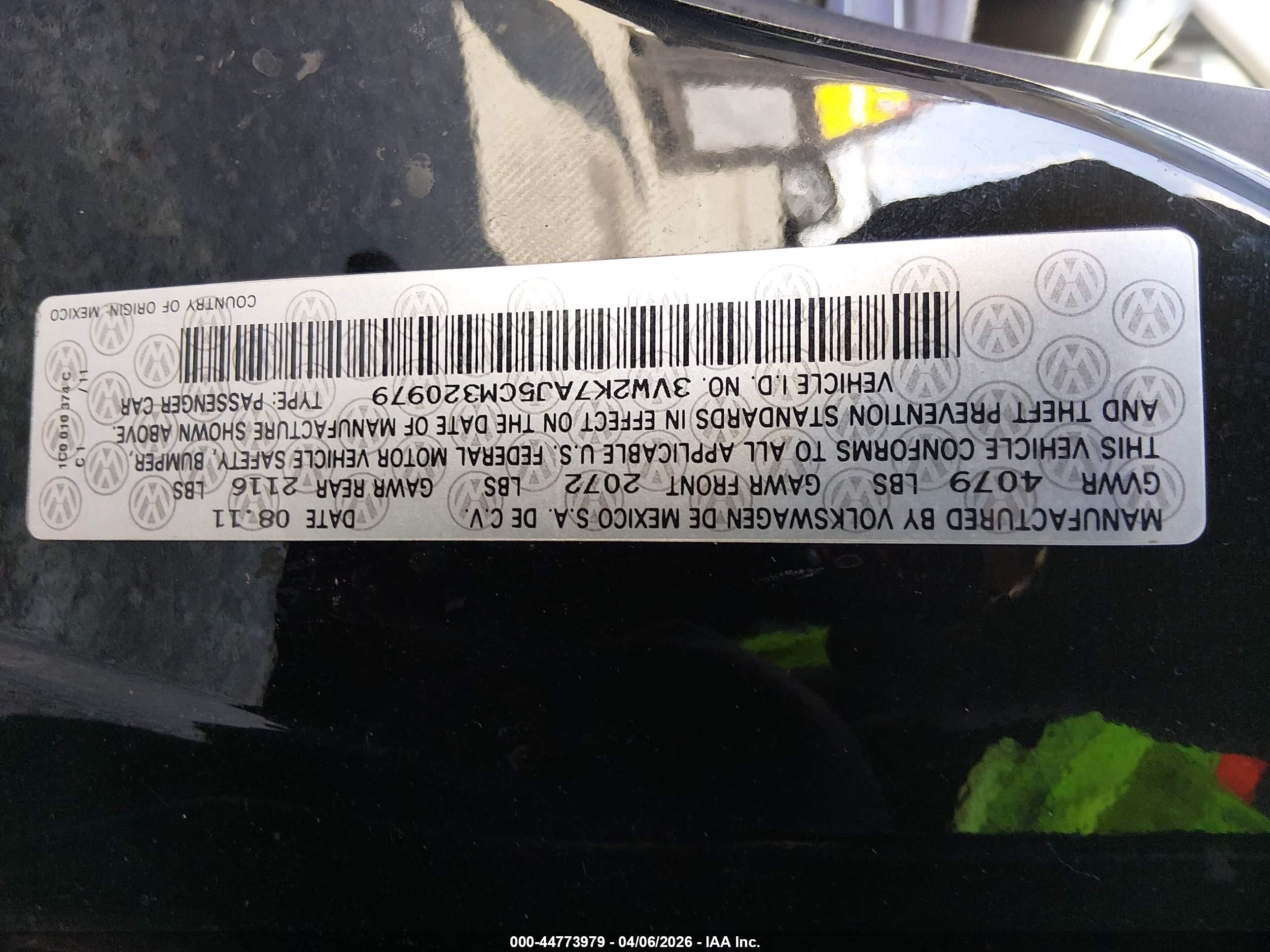 2012 Volkswagen Jetta 2.0l S Black vin: 3VW2K7AJ5CM320979