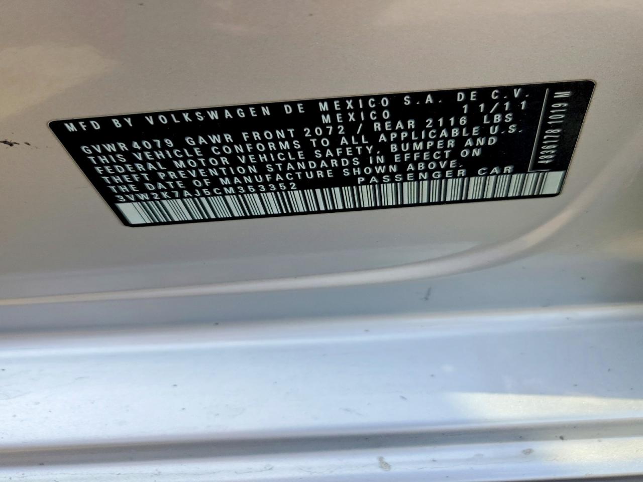 2012 Volkswagen Jetta Base Silver vin: 3VW2K7AJ5CM353352