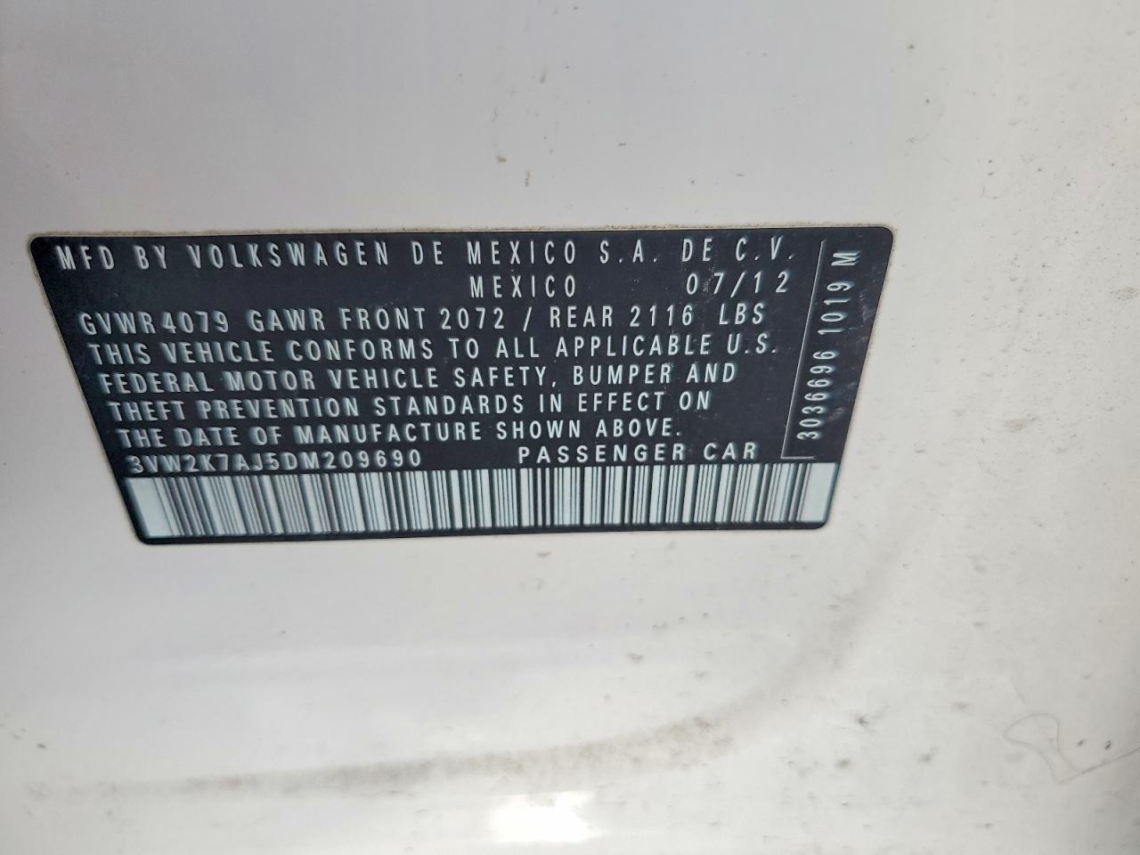 2013 Volkswagen Jetta Base White vin: 3VW2K7AJ5DM209690