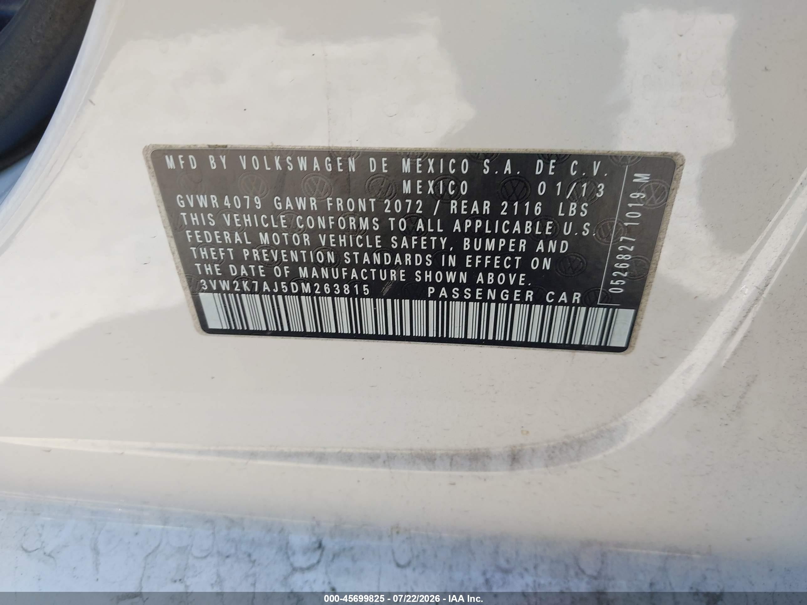 2013 Volkswagen Jetta 2.0l S White vin: 3VW2K7AJ5DM263815