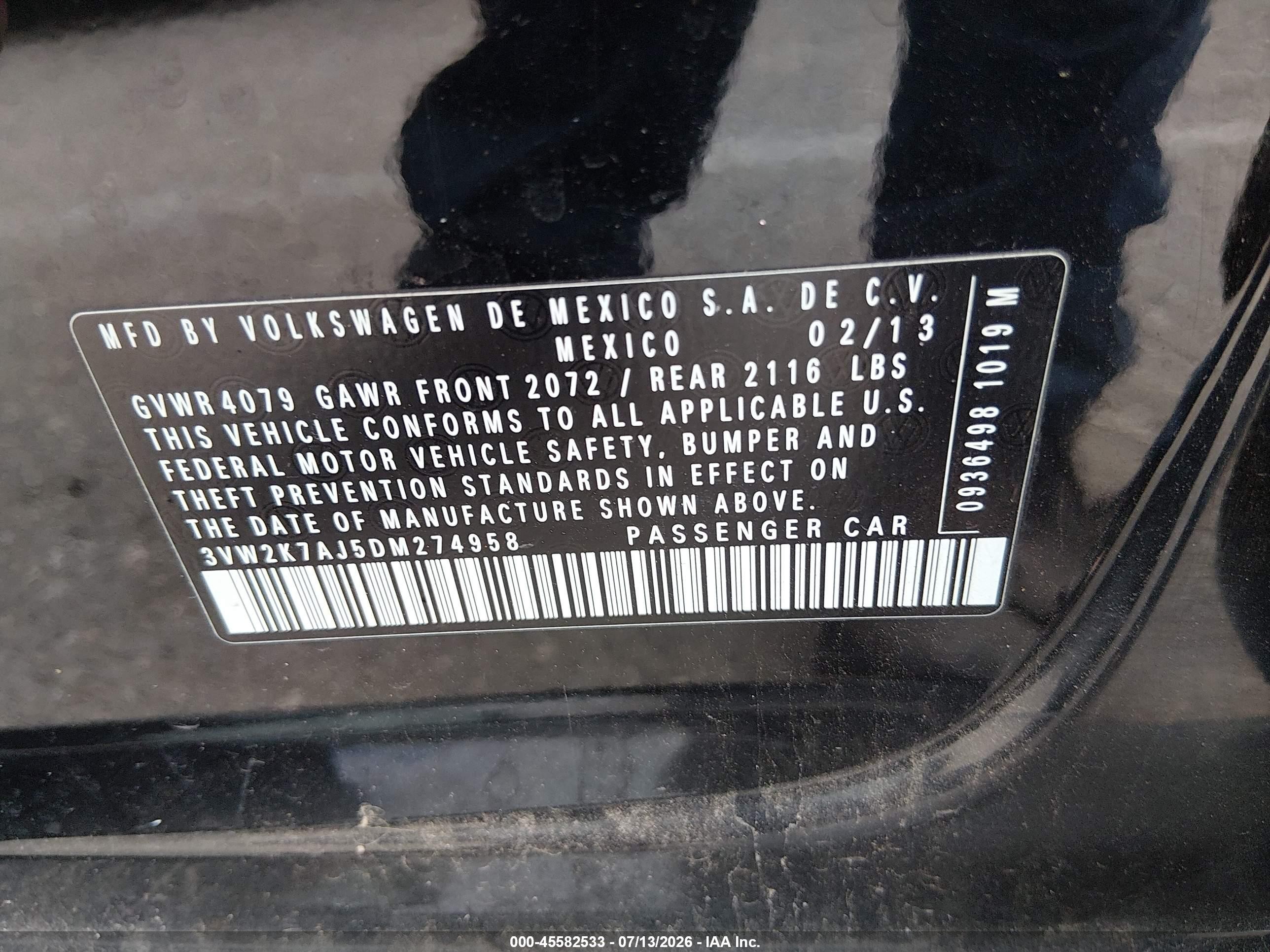 2013 Volkswagen Jetta 2.0l S Black vin: 3VW2K7AJ5DM274958
