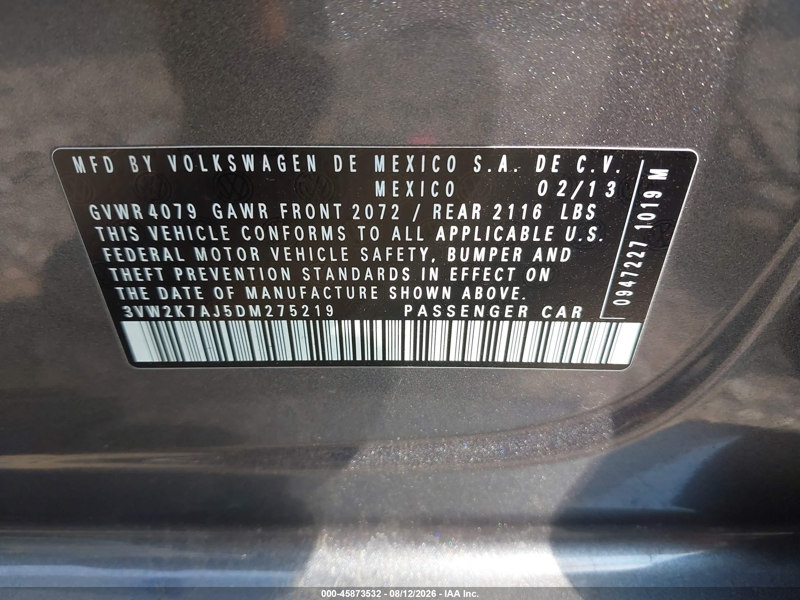 2013 Volkswagen Jetta 2.0l S Серый vin: 3VW2K7AJ5DM275219