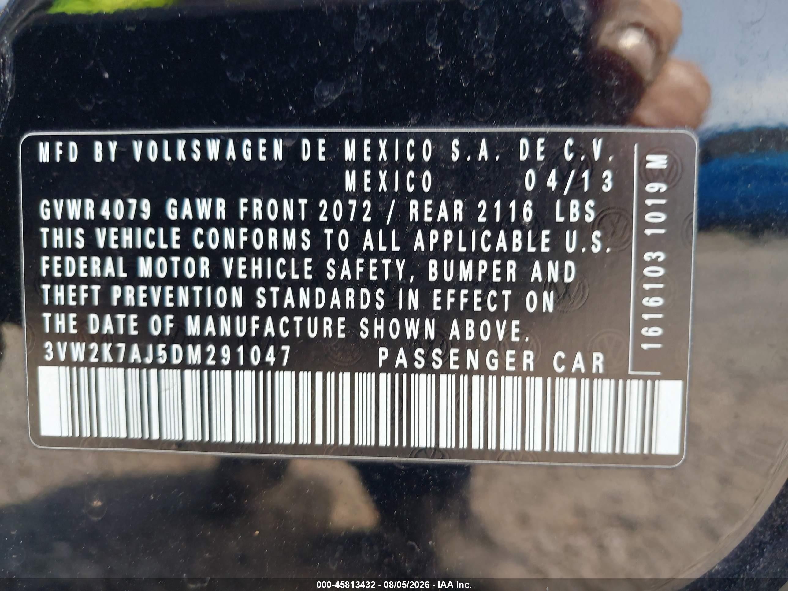 2013 Volkswagen Jetta 2.0l S Black vin: 3VW2K7AJ5DM291047