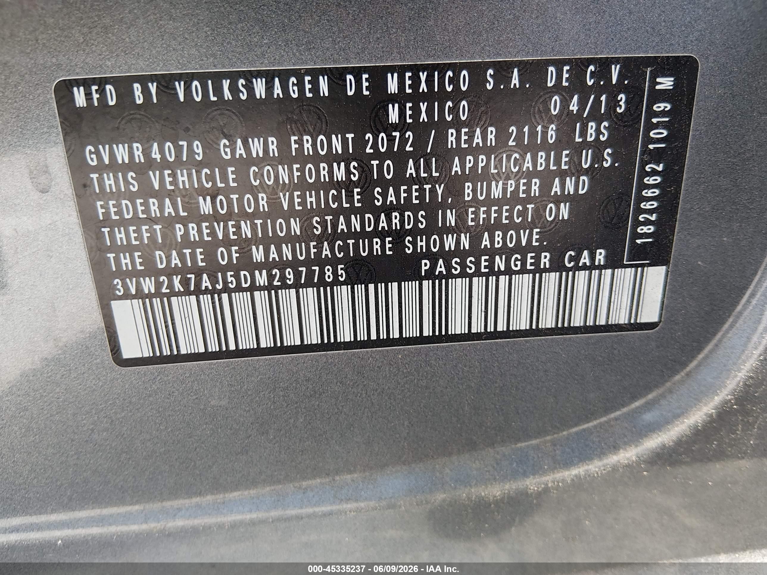 2013 Volkswagen Jetta 2.0l S Blue vin: 3VW2K7AJ5DM297785