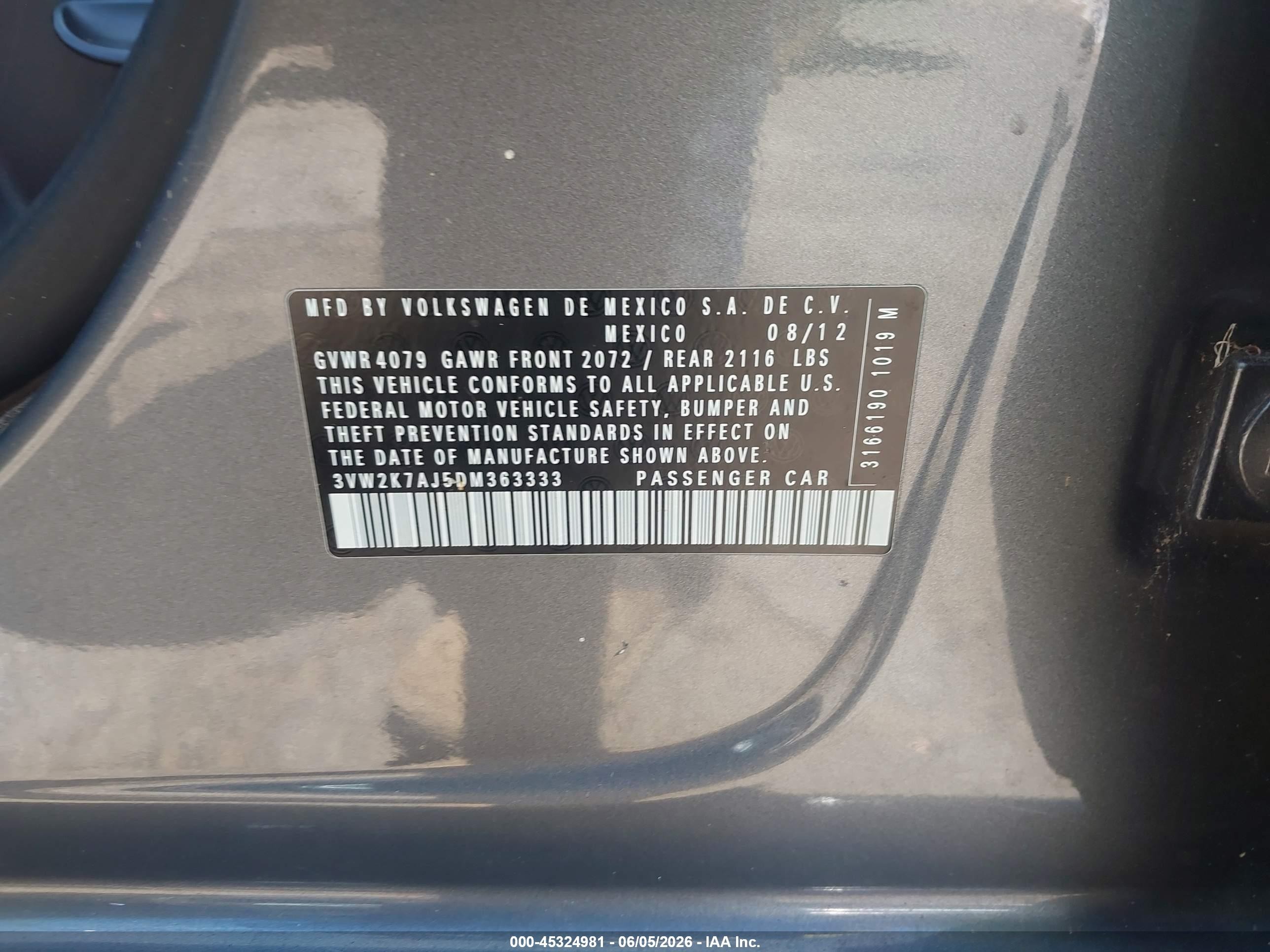 2013 Volkswagen Jetta 2.0l S Gray vin: 3VW2K7AJ5DM363333