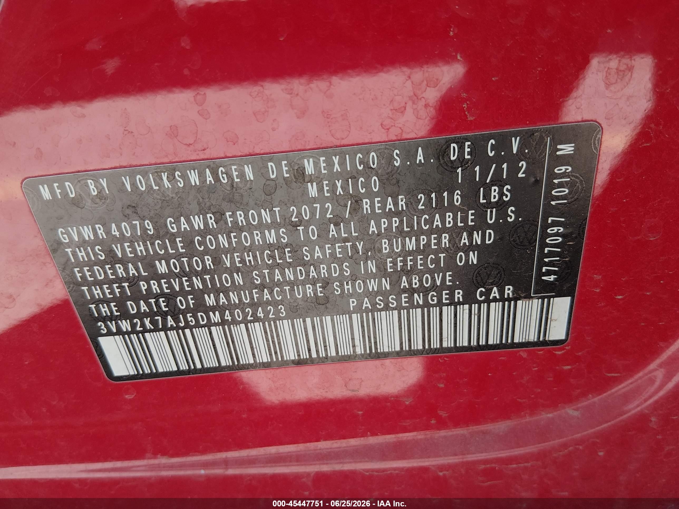 2013 Volkswagen Jetta 2.0l S Red vin: 3VW2K7AJ5DM402423