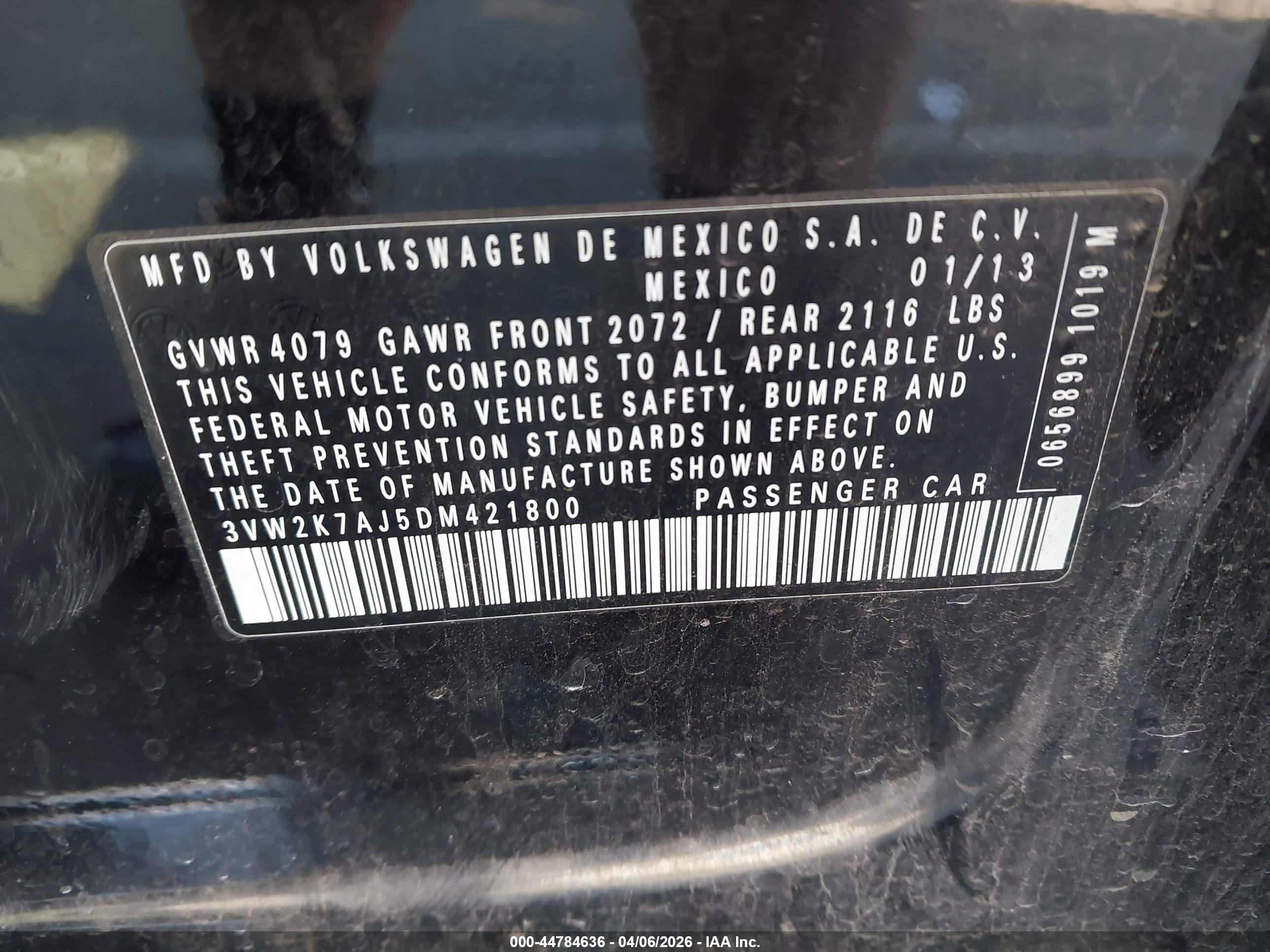 2013 Volkswagen Jetta 2.0l S Black vin: 3VW2K7AJ5DM421800