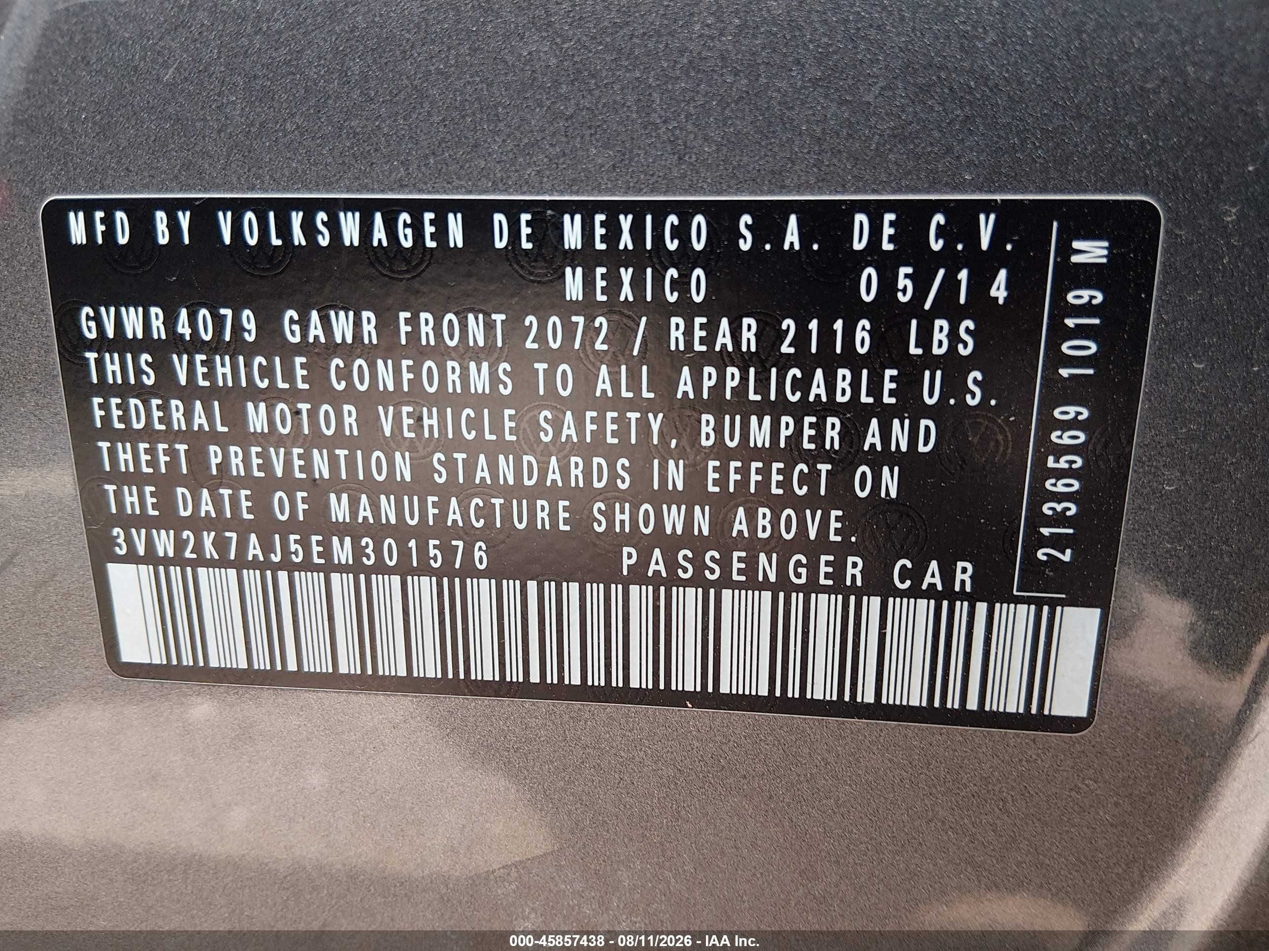 2014 Volkswagen Jetta 2.0l S Серый vin: 3VW2K7AJ5EM301576