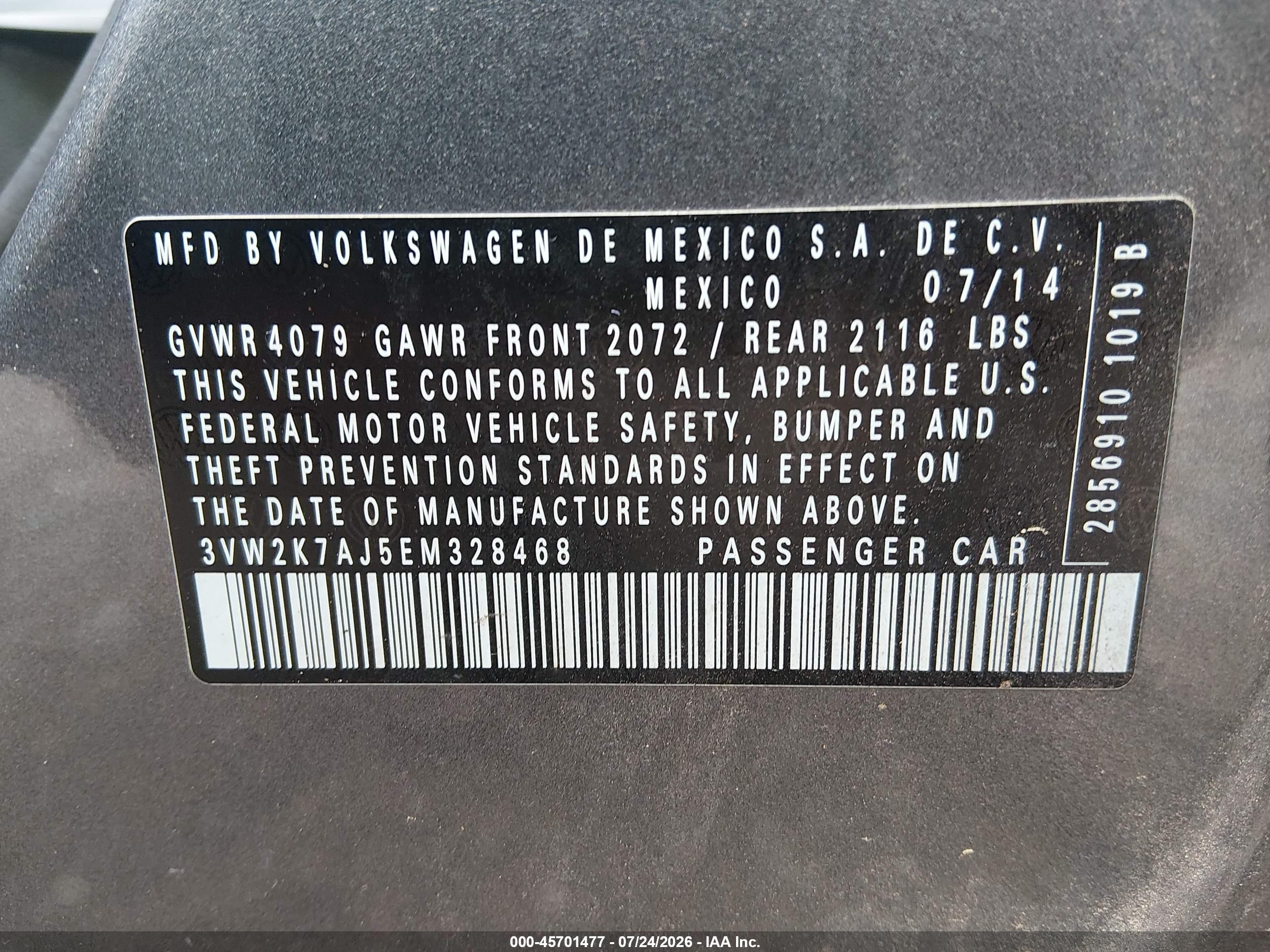 2014 Volkswagen Jetta 2.0l S Gray vin: 3VW2K7AJ5EM328468
