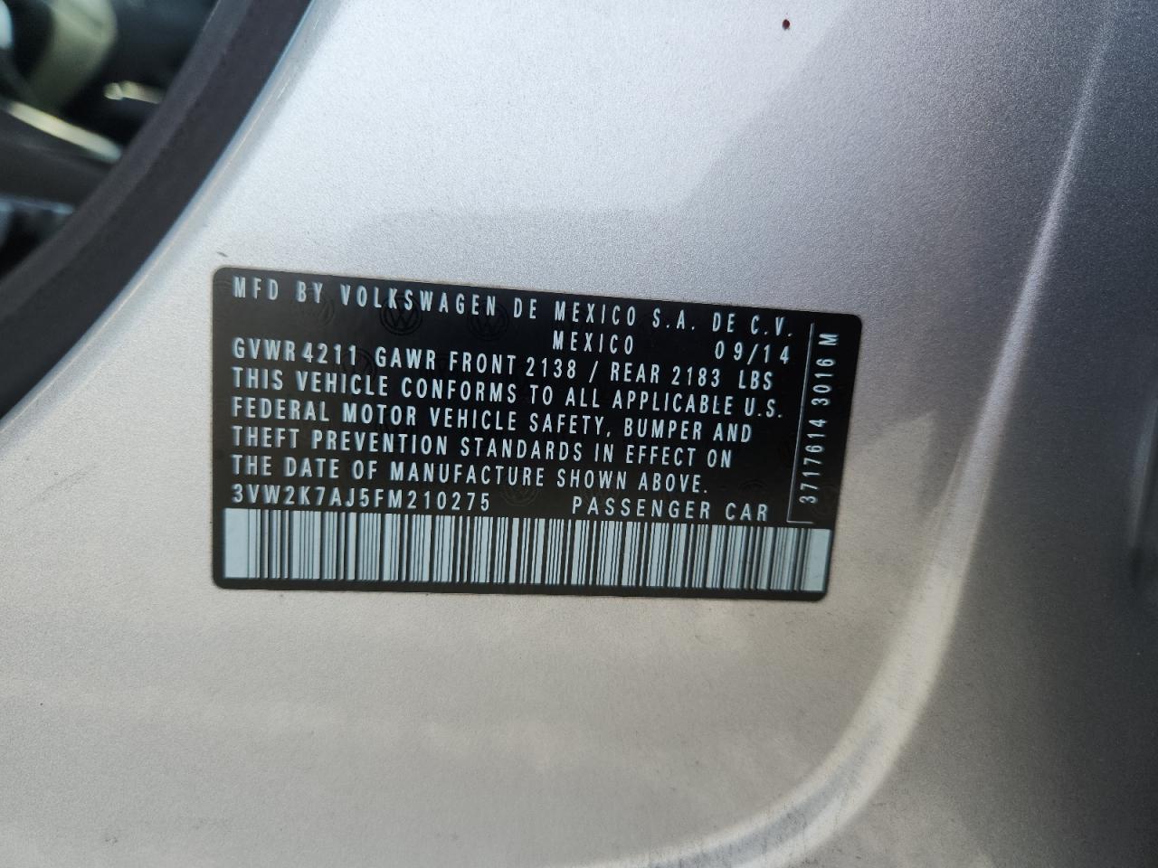 2015 Volkswagen Jetta Base Silver vin: 3VW2K7AJ5FM210275