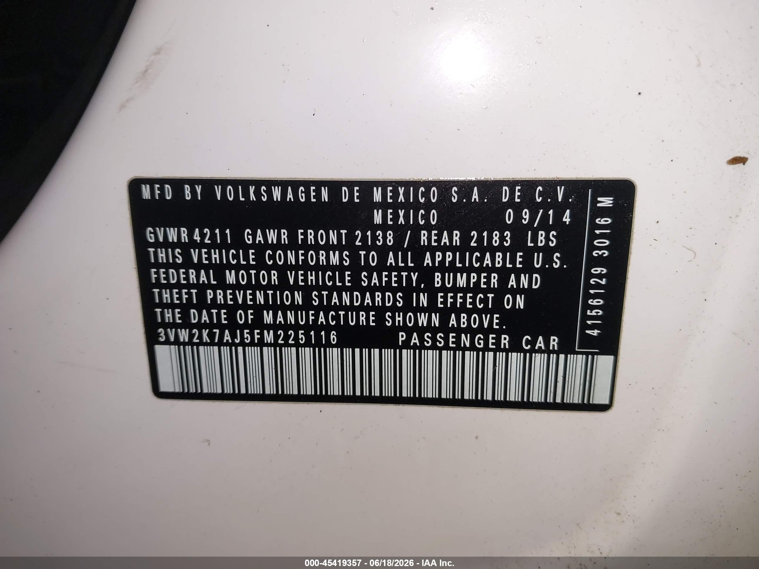 2015 Volkswagen Jetta 2.0l S Белый vin: 3VW2K7AJ5FM225116