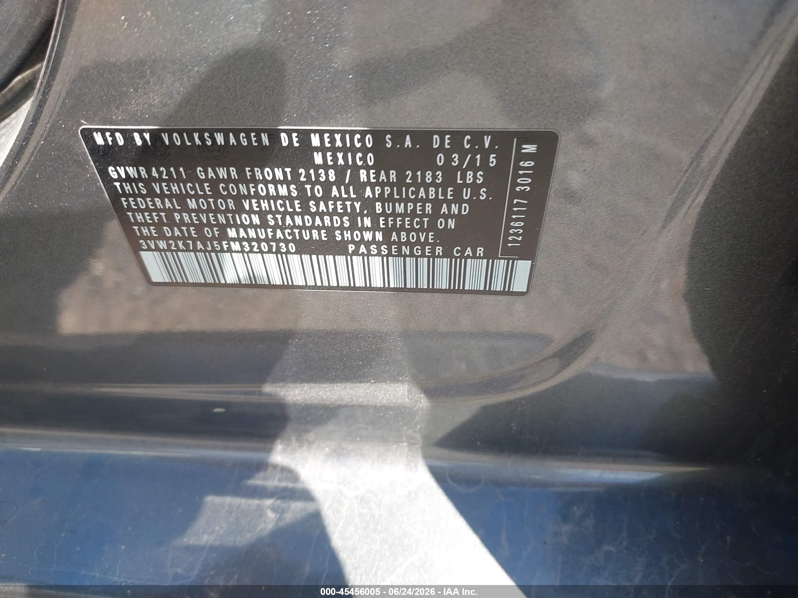 2015 Volkswagen Jetta 2.0l S Gray vin: 3VW2K7AJ5FM320730