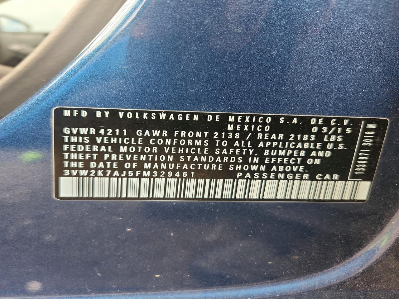 2015 Volkswagen Jetta Base Blue vin: 3VW2K7AJ5FM329461
