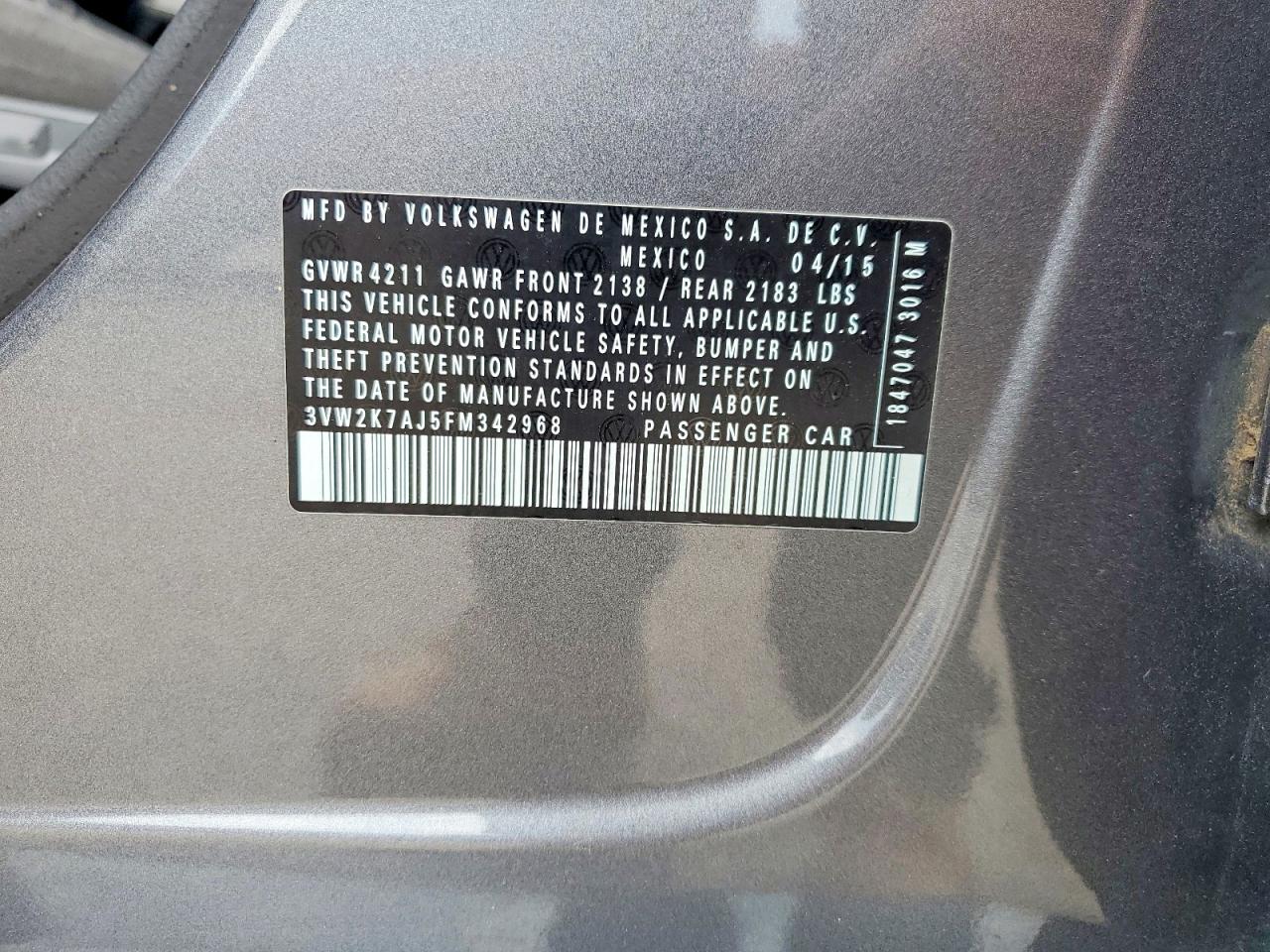 2015 Volkswagen Jetta Base Gray vin: 3VW2K7AJ5FM342968