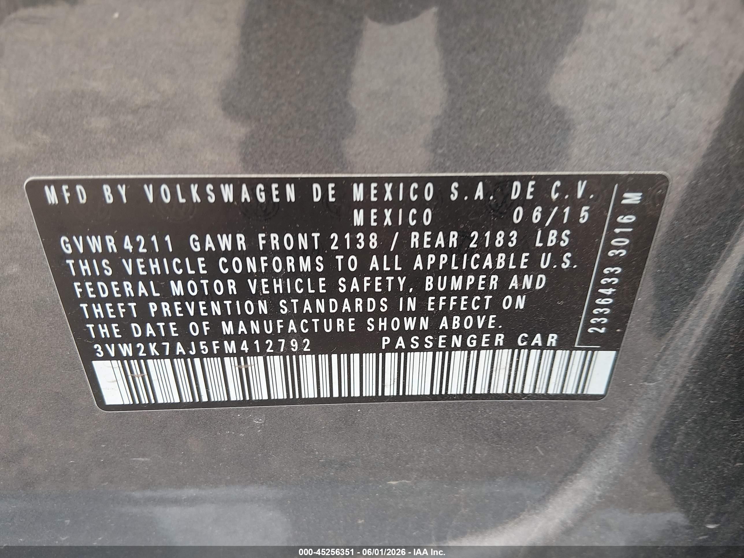 2015 Volkswagen Jetta 2.0l S Gray vin: 3VW2K7AJ5FM412792