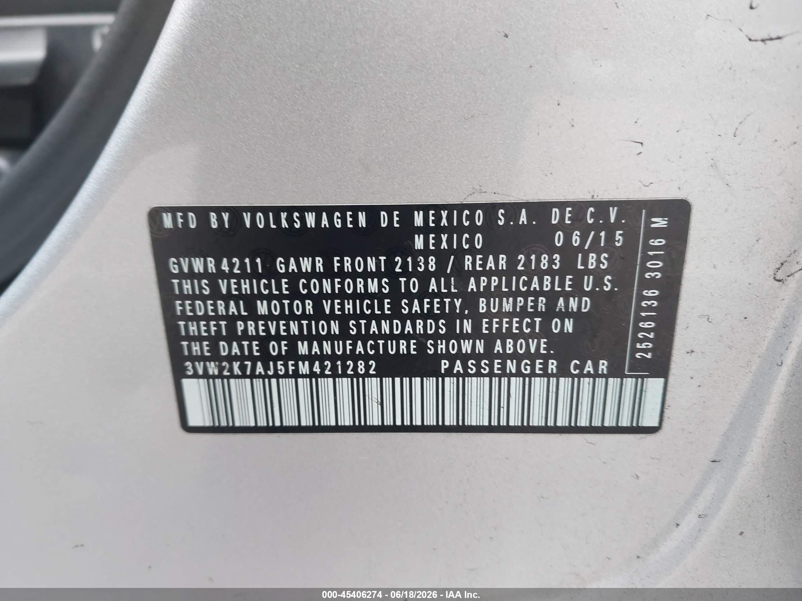 2015 Volkswagen Jetta 2.0l S Серебряный vin: 3VW2K7AJ5FM421282