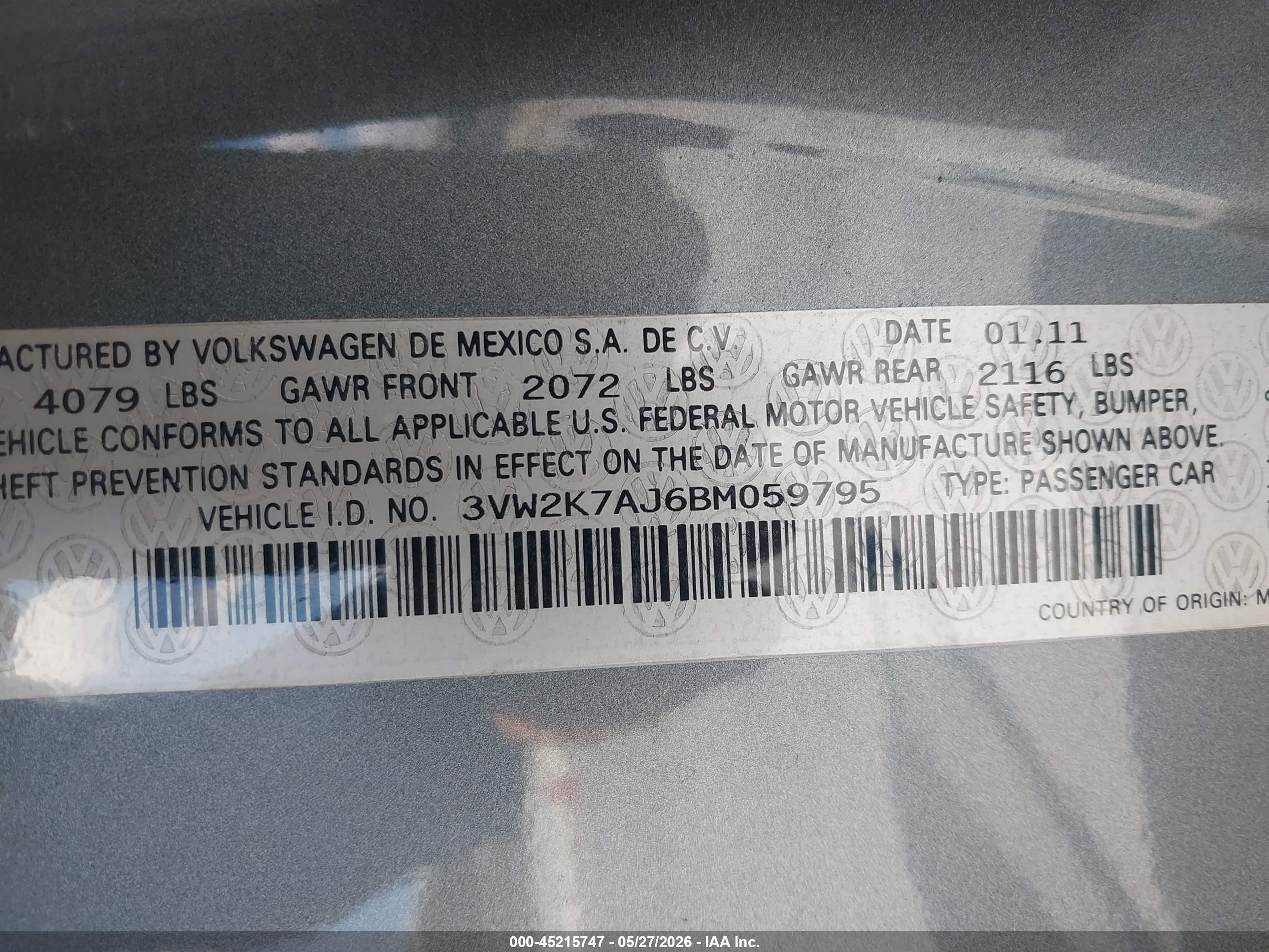2011 Volkswagen Jetta 2.0l S Серый vin: 3VW2K7AJ6BM059795