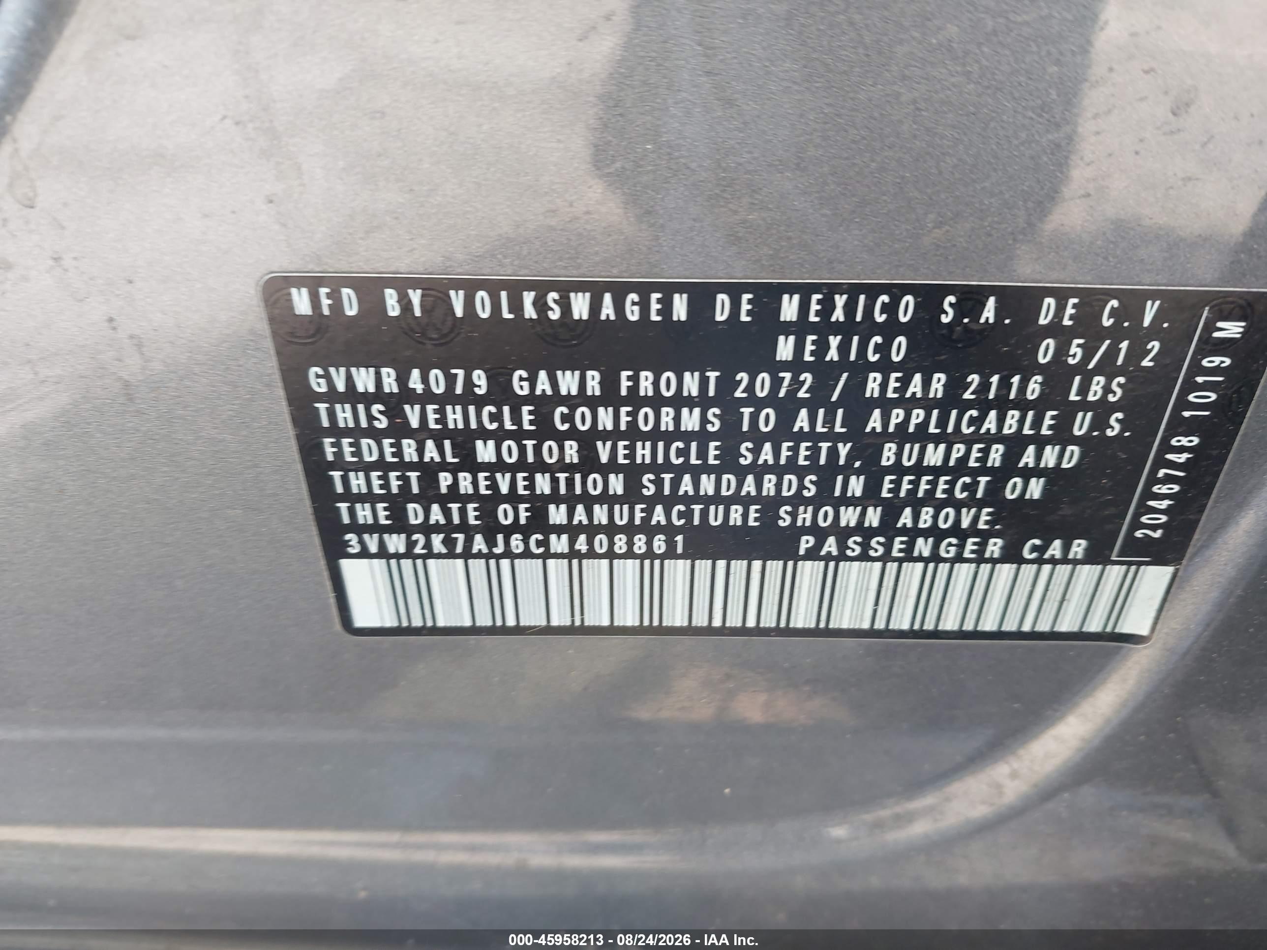2012 Volkswagen Jetta 2.0l S Gray vin: 3VW2K7AJ6CM408861