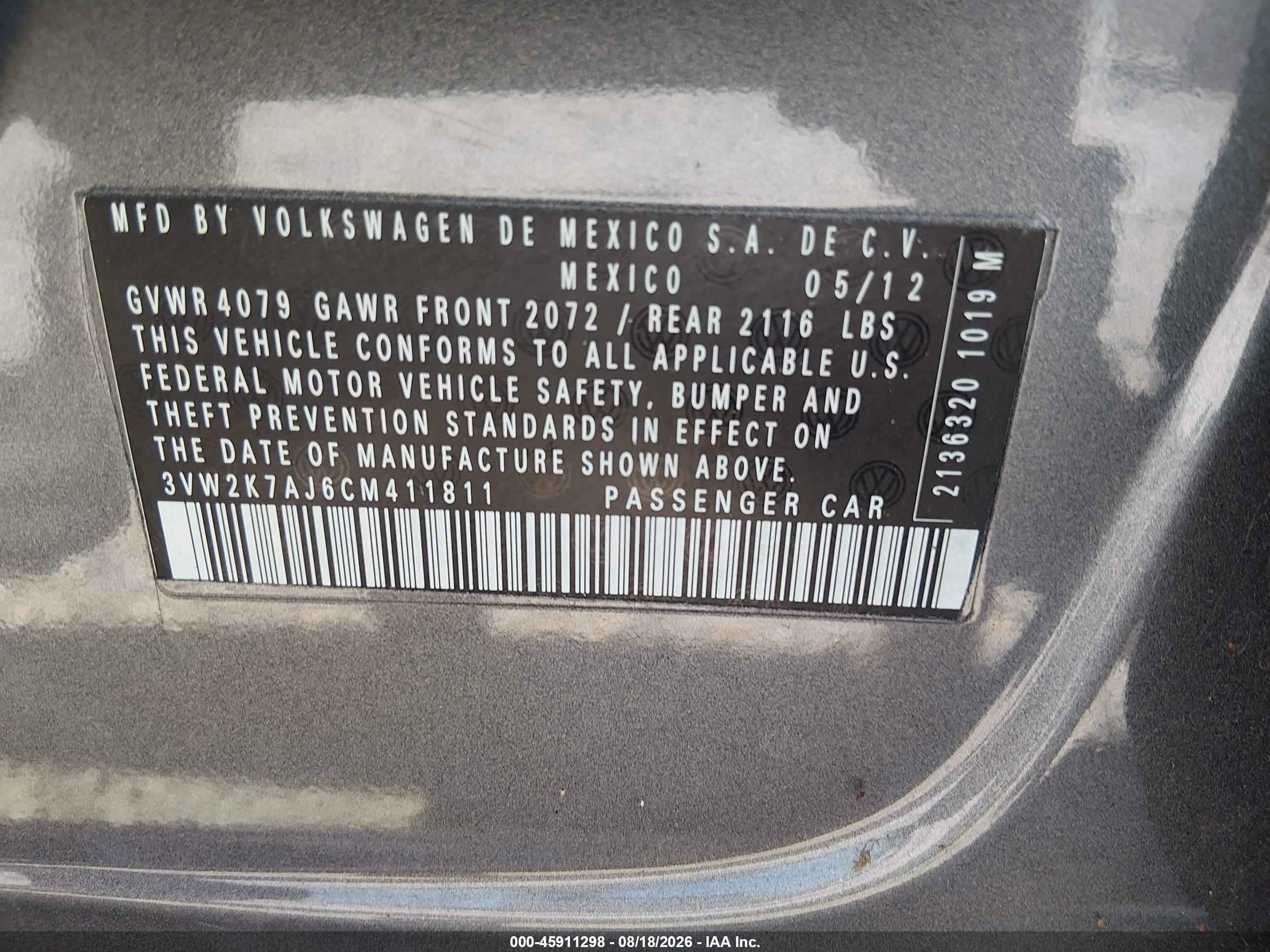 2012 Volkswagen Jetta 2.0l S Blue vin: 3VW2K7AJ6CM411811