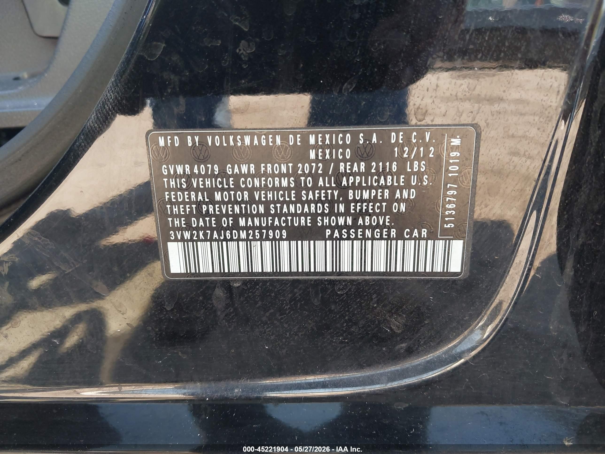 2013 Volkswagen Jetta 2.0l S Black vin: 3VW2K7AJ6DM257909