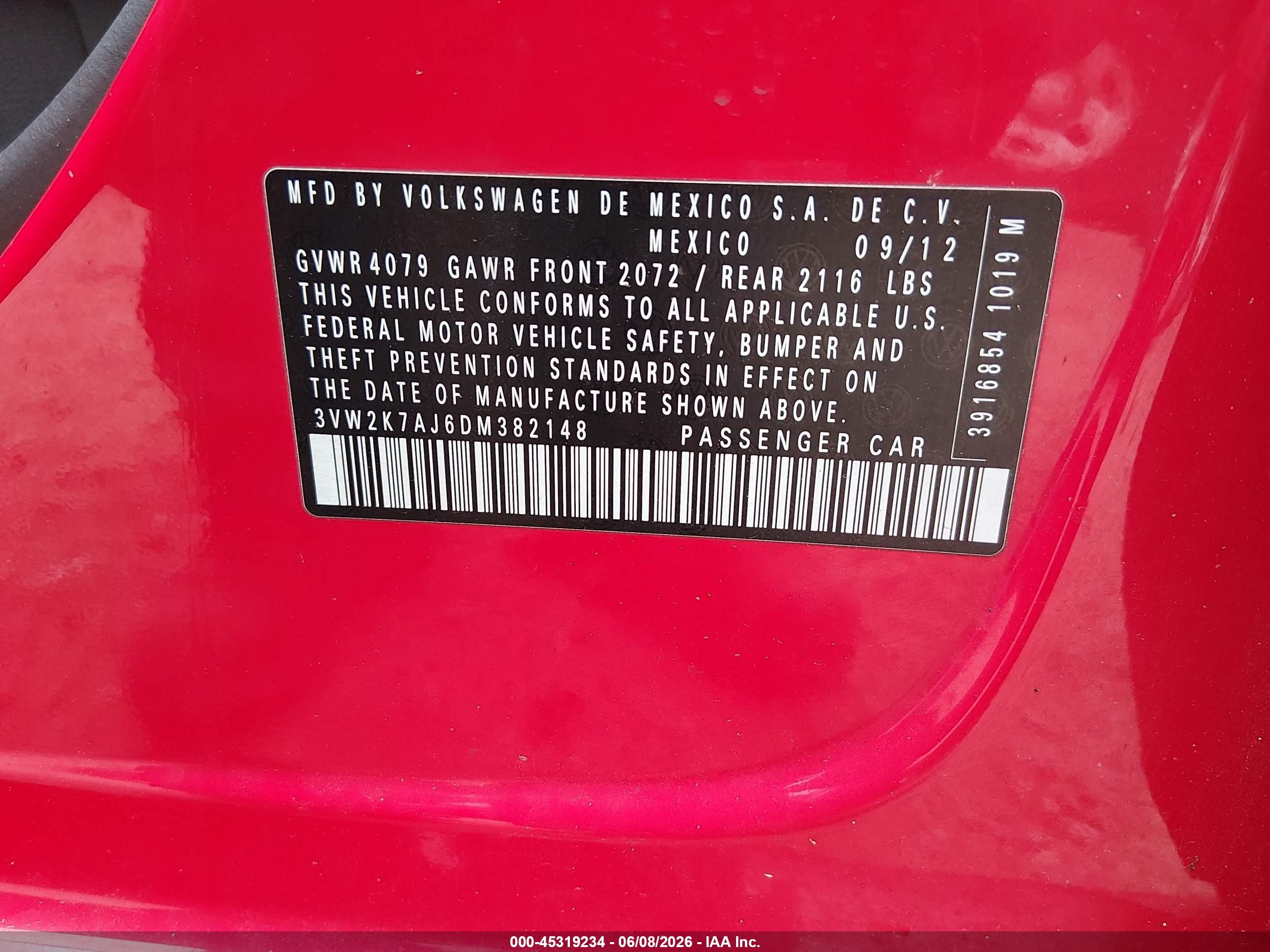 2013 Volkswagen Jetta 2.0l S Красный vin: 3VW2K7AJ6DM382148