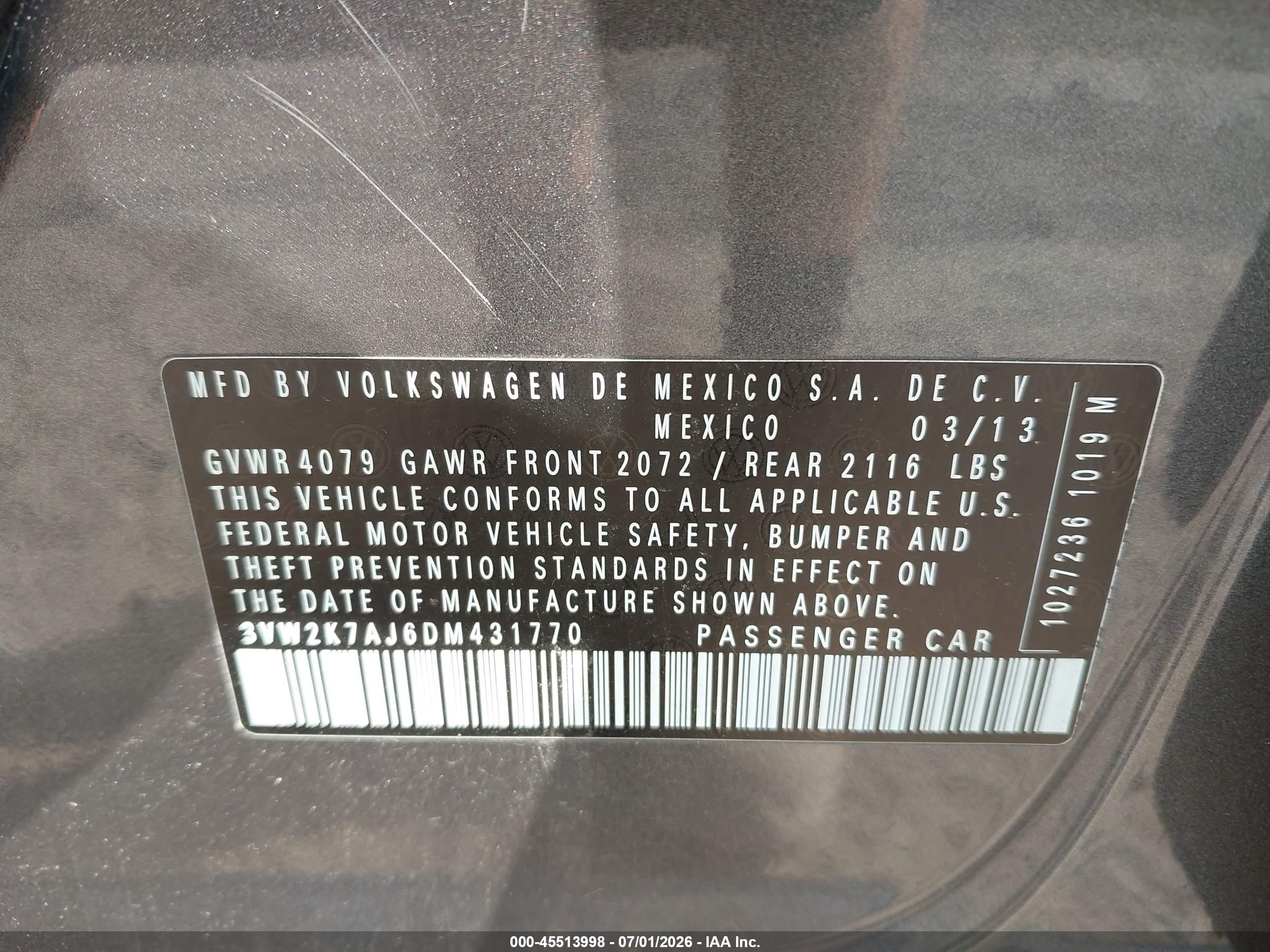 2013 Volkswagen Jetta 2.0l S Gray vin: 3VW2K7AJ6DM431770