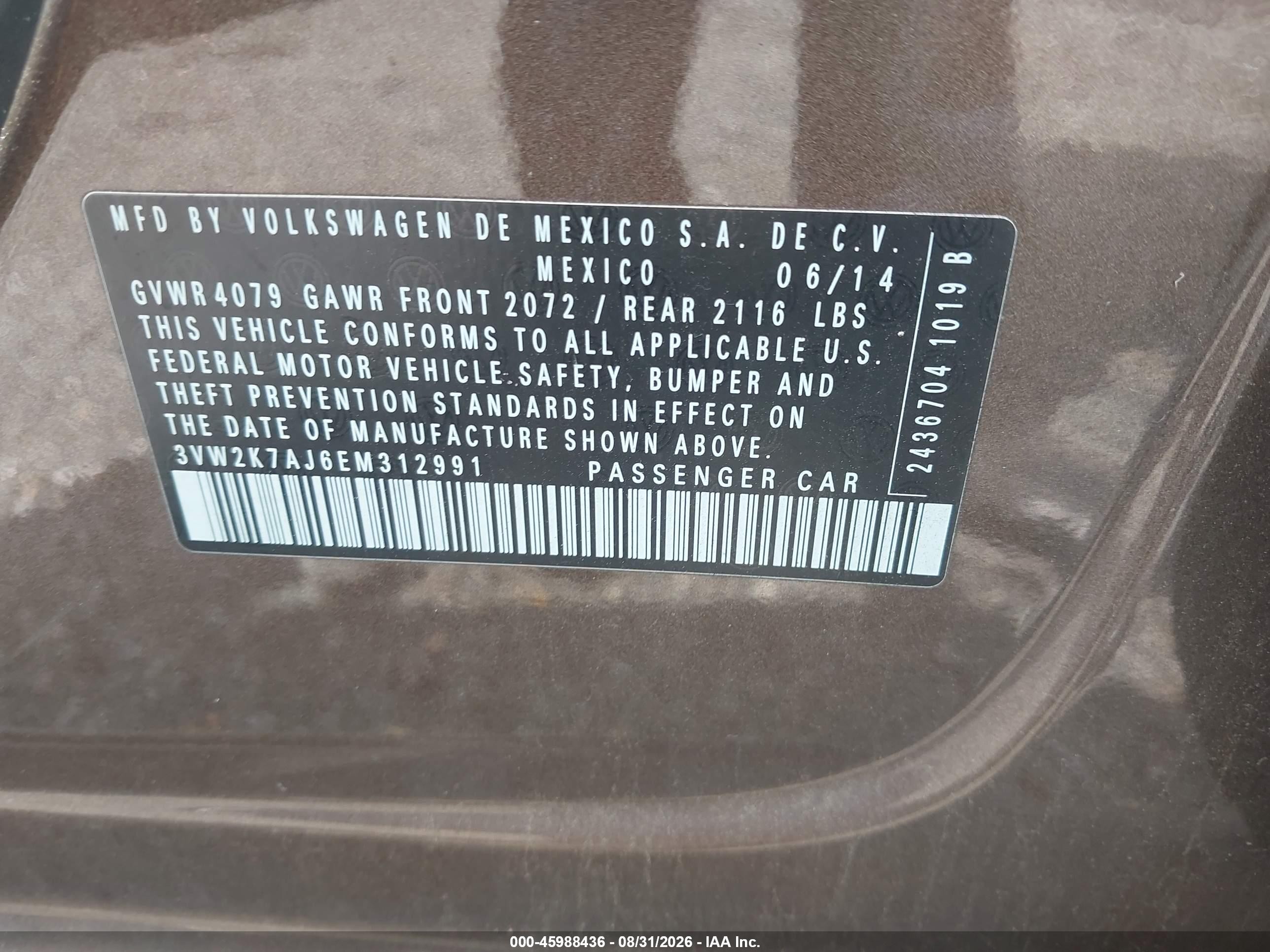 2014 Volkswagen Jetta 2.0l S Gold vin: 3VW2K7AJ6EM312991