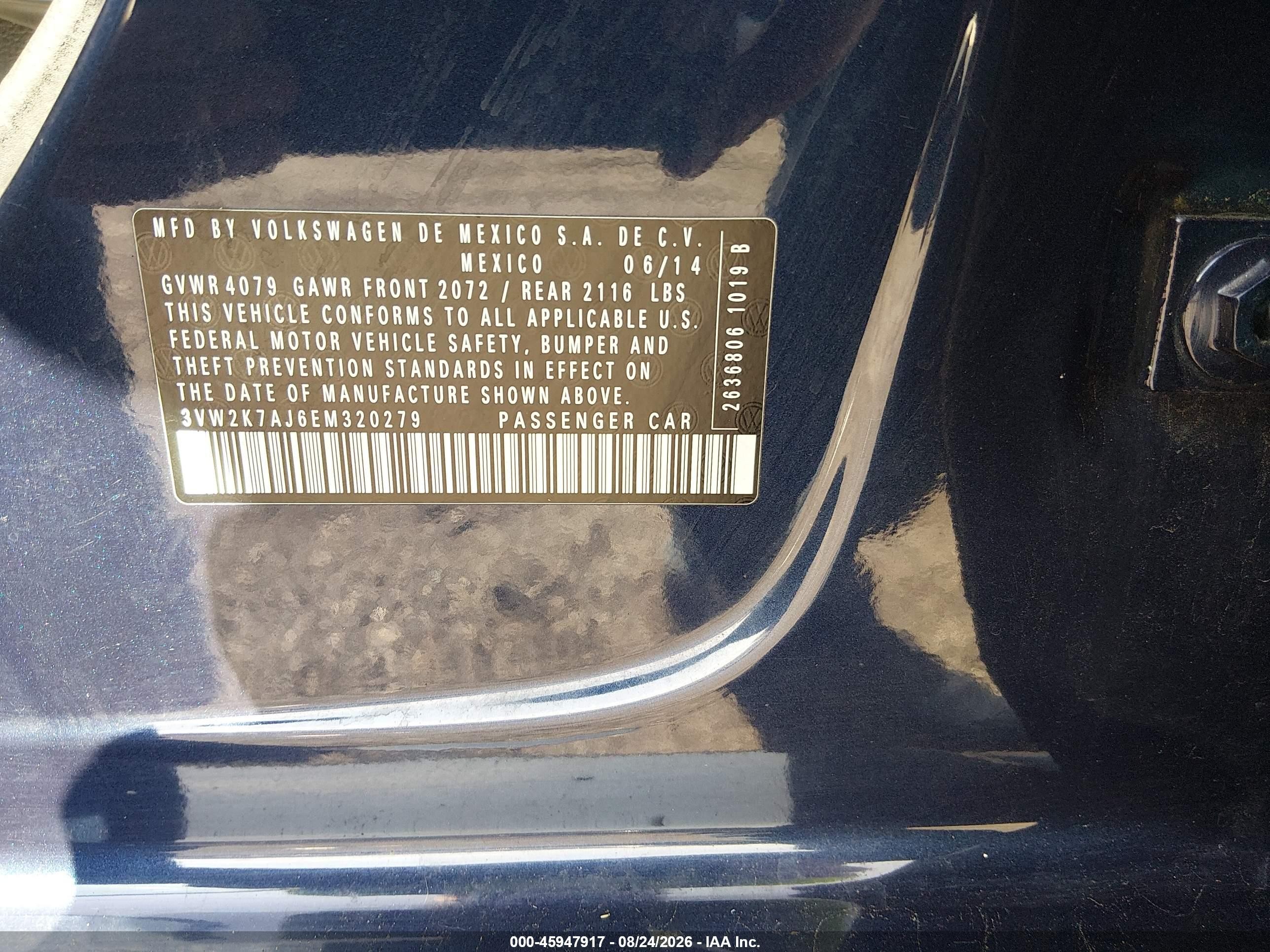 2014 Volkswagen Jetta 2.0l S Blue vin: 3VW2K7AJ6EM320279