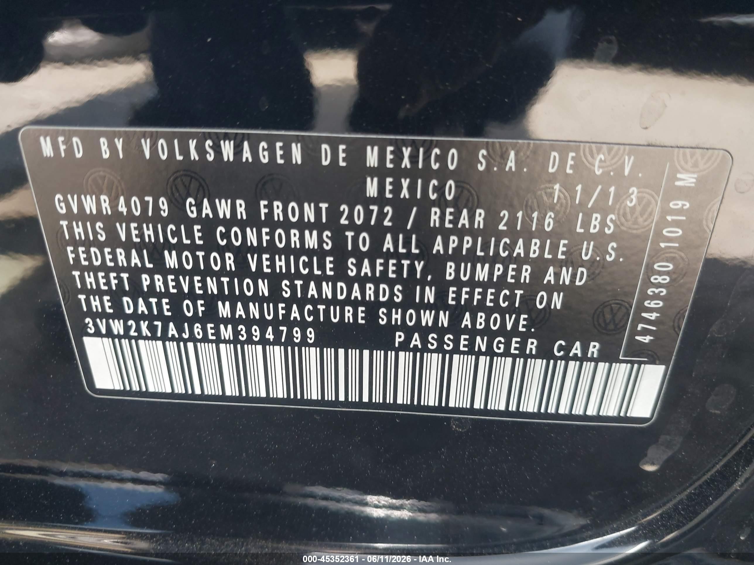 2014 Volkswagen Jetta 2.0l S Черный vin: 3VW2K7AJ6EM394799